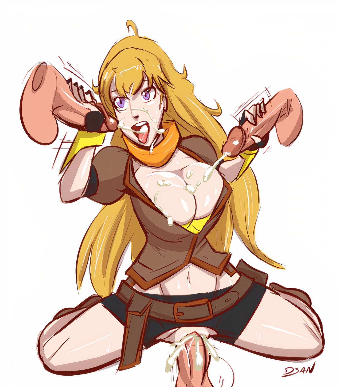 1girls, 3boys, big breasts, blonde hair, breasts, cleavage, clothed, clothing, cum, cum in pussy, cum inside, cum on breasts, cumshot, disembodied penis, dsan, female, handjob, human, male, multiple boys, multiple males, penis, purple eyes, pussy, rooster teeth, rwby, sex, straight, yang xiao long