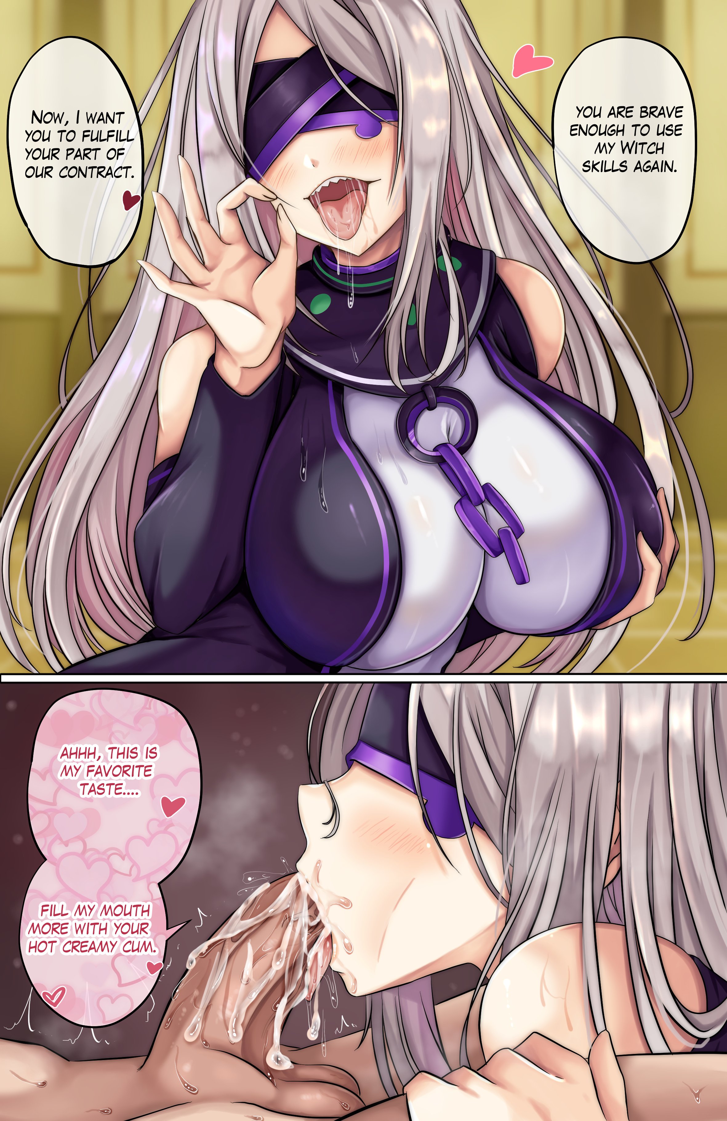 ahe gao, aroused smile, ayannon yumme, black bodysuit, blowjob, blush, breast focus, chain accessory, cleavage, covering eyes, cum in mouth, daphne (re:zero), deep cleavage, detached sleeves, drool on body, drool on breasts, drool on chin, drooling, erotic, fellatio, fellatio gesture, female, female focus, green gem, hand near mouth, hanging breasts, highleg leotard, huge breasts, licking penis, massive breasts, natsuki subaru, open mouth, purple accents, purple blindfold, re:zero kara hajimeru isekai seikatsu, saliva trail, shiny skin, silver hair, sucking penis, tight clothing, tongue on penis, tongue out, very long hair, witch