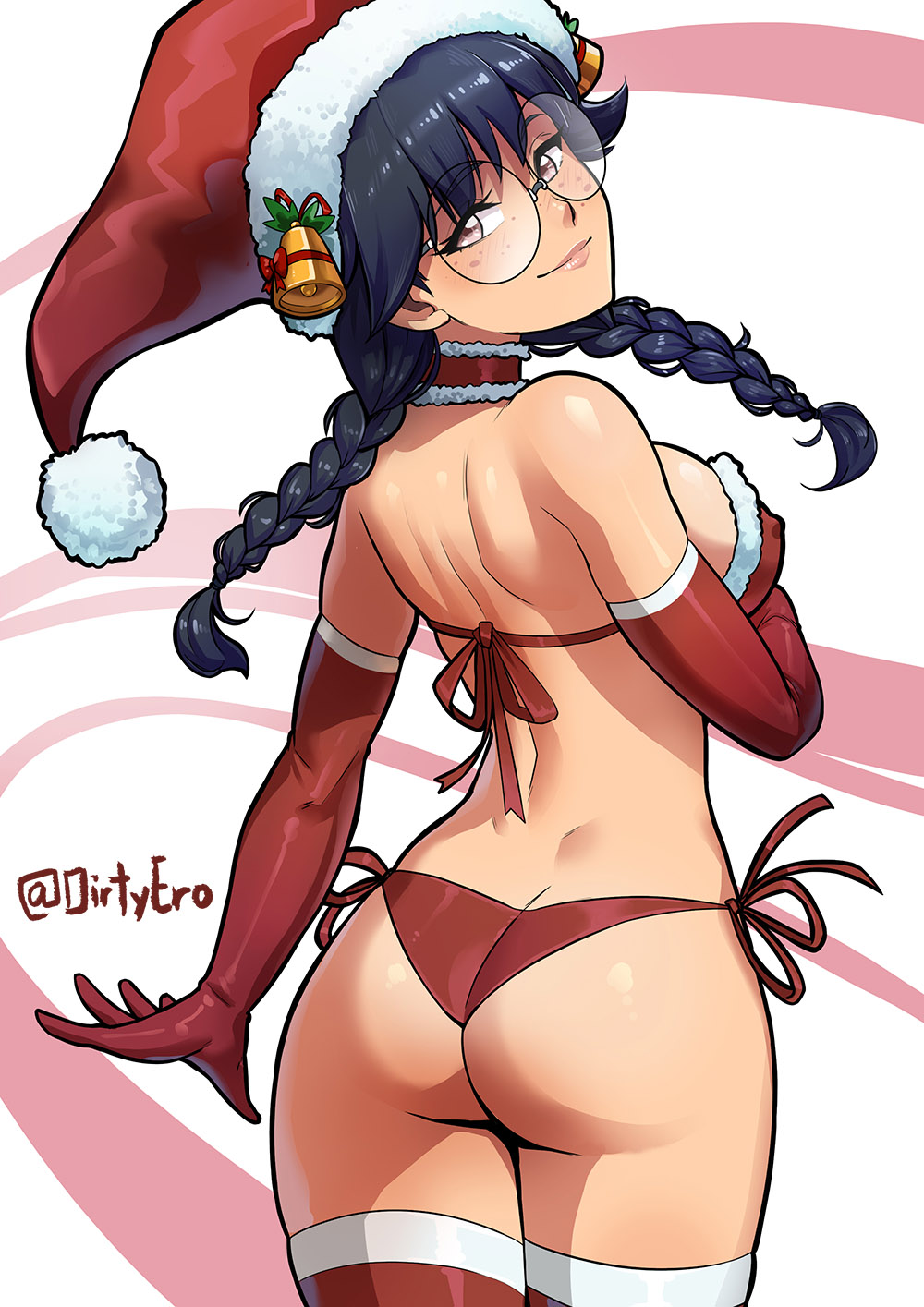 1girls, ass, bare shoulders, bikini, black hair, blue hair, blush, braided hair, braided twintails, breasts, choker, christmas, christmas hat, christmas outfit, dirtyero (artist), elbow gloves, erect nipples, female, female only, freckles, glasses, joo a-byeol, lipstick, looking at viewer, looking back, nipples, nipples visible through clothing, original, original character, pink eyes, pink lipstick, sideboob, skintight, smile, solo, thighhighs, twintails