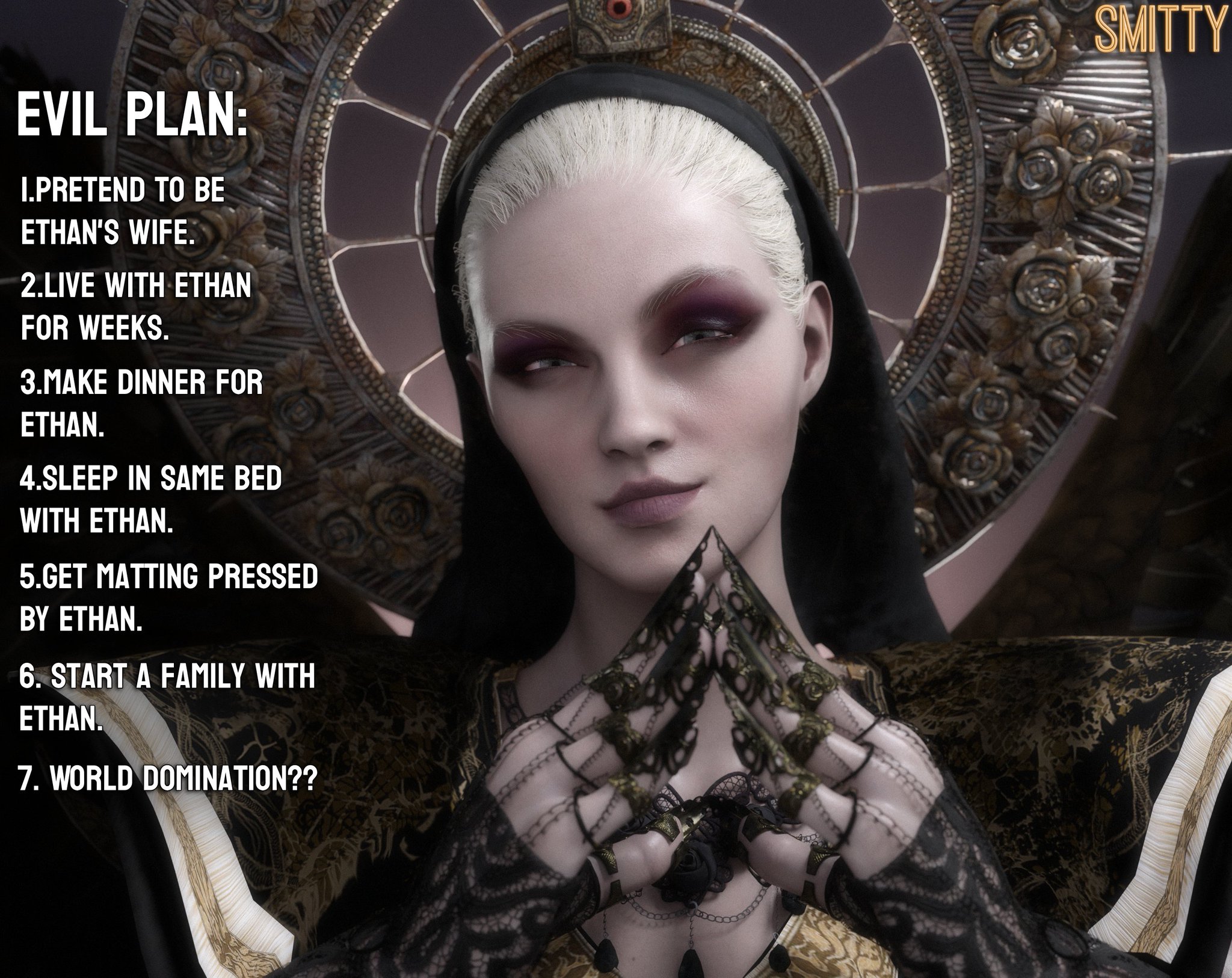 1girls, 3d, big breasts, blonde female, blonde hair, breasts, capcom, female, female only, hourglass figure, light skin, light-skinned female, mature, mature female, milf, mother miranda (resident evil), pale skin, pale-skinned female, resident evil, resident evil 8: village, smitty34