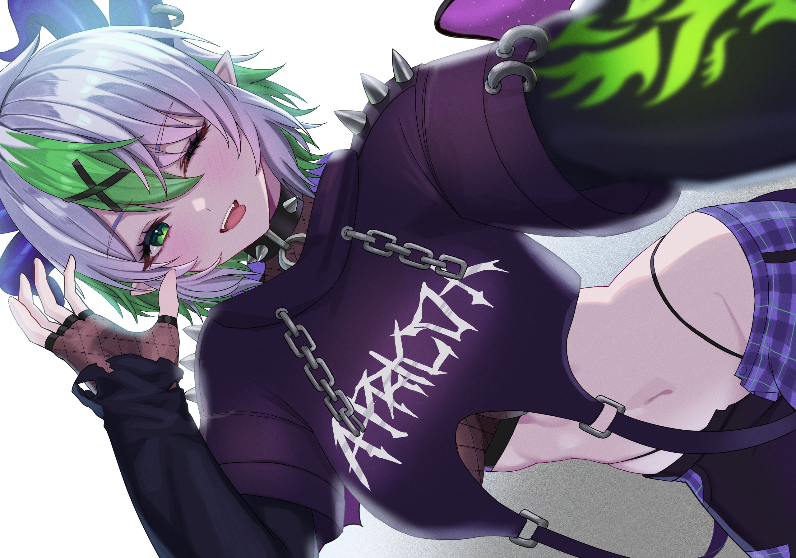 :p, 1girls, belly button, big breasts, blush, breasts, collar, crop top, eyelashes, eyeshadow, female, fishnet armwear, fishnet clothing, fishnet topwear, fishnets, froot, goth, goth girl, green eyes, green hair, hips, hood, hoodie, horn piercing, horns, indie virtual youtuber, kuwahara taiki, layered sleeves, long sleeves, looking at viewer, midriff, multicolored hair, navel, one eye closed, open fly, open mouth, pale skin, pale-skinned female, pants, pointy ears, purple eyeshadow, ripped clothing, ripped sleeves, selfie, short hair, slim waist, solo, spiked collar, stomach, straps, teeth, thong, thong straps, tomboy, tongue, tongue out, torn clothes, torn sleeves, underboob, uneven legwear, virtual youtuber, vtuber, waist, wide hips, wings, wink, winking at viewer