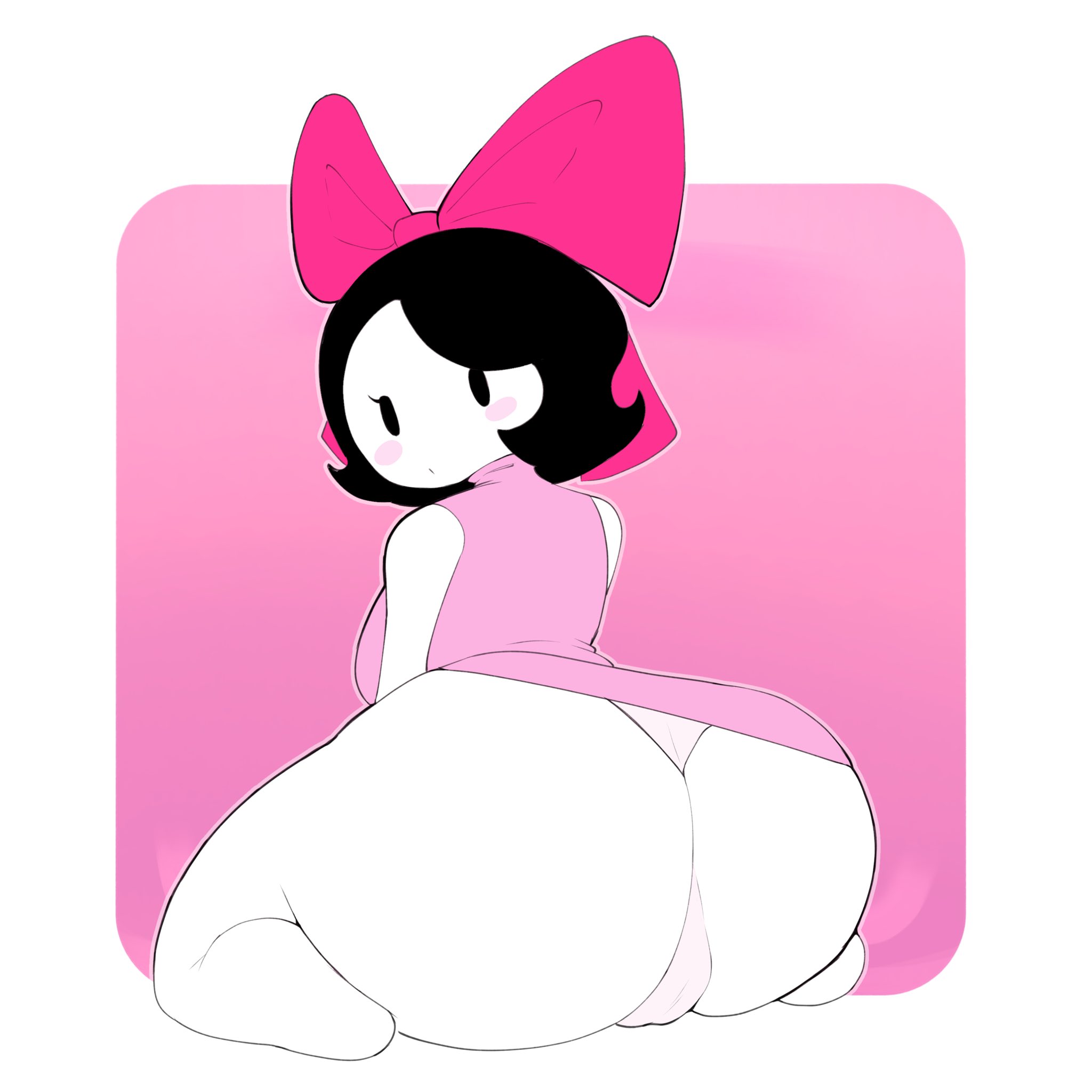 1girls, big ass, black hair, blush, bowtie, bowtie on head, fat ass, female, friday night funkin, friday night funkin (twinsomnia), friday night funkin mod, girl (sock.clip), megamor, panties, partially clothed, ribbon, ribbon in hair, sideboob, simple background, white skin