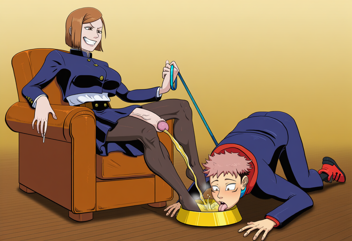 ai generated, big penis, bowl, dominant futa, domination, evil smile, feet, fetish, futa on male, futadom, futanari, itadori yuuji, jujutsu kaisen, kugisaki nobara, leash and collar, licking, neviromega, nobara kugisaki, pantyhose, peeing, peeing on floor, sadistic smile, submissive, submissive male