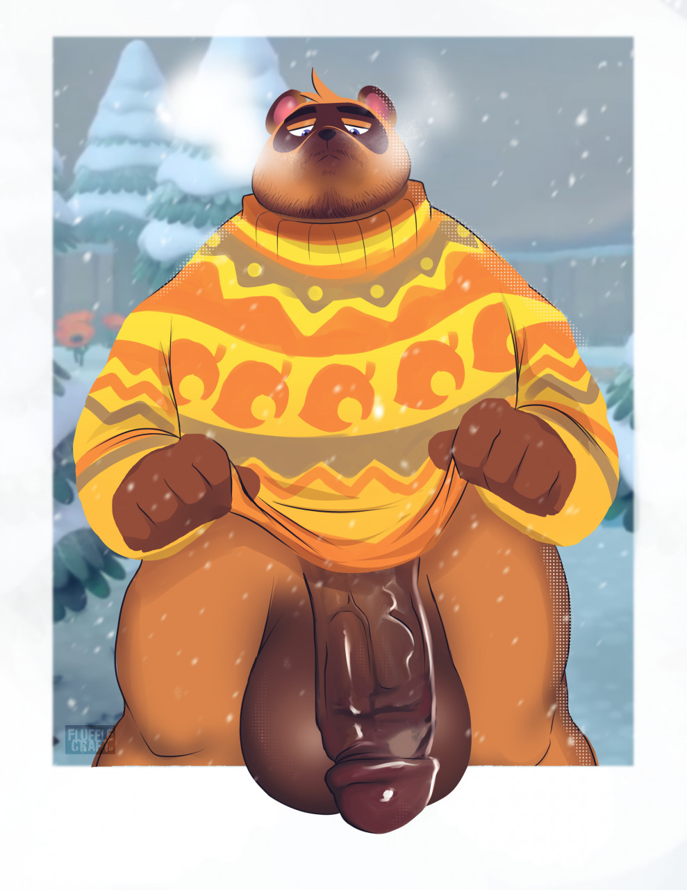 animal_crossing anthro balls big_balls big_penis bonicfan123 bottomless canid canine clothed clothing flufflecraft genitals hi_res huge_balls huge_cock humanoid_genitalia humanoid_penis male male_only mammal nintendo penis raccoon_dog snow solo sweater tanuki tom_nook topwear video_games