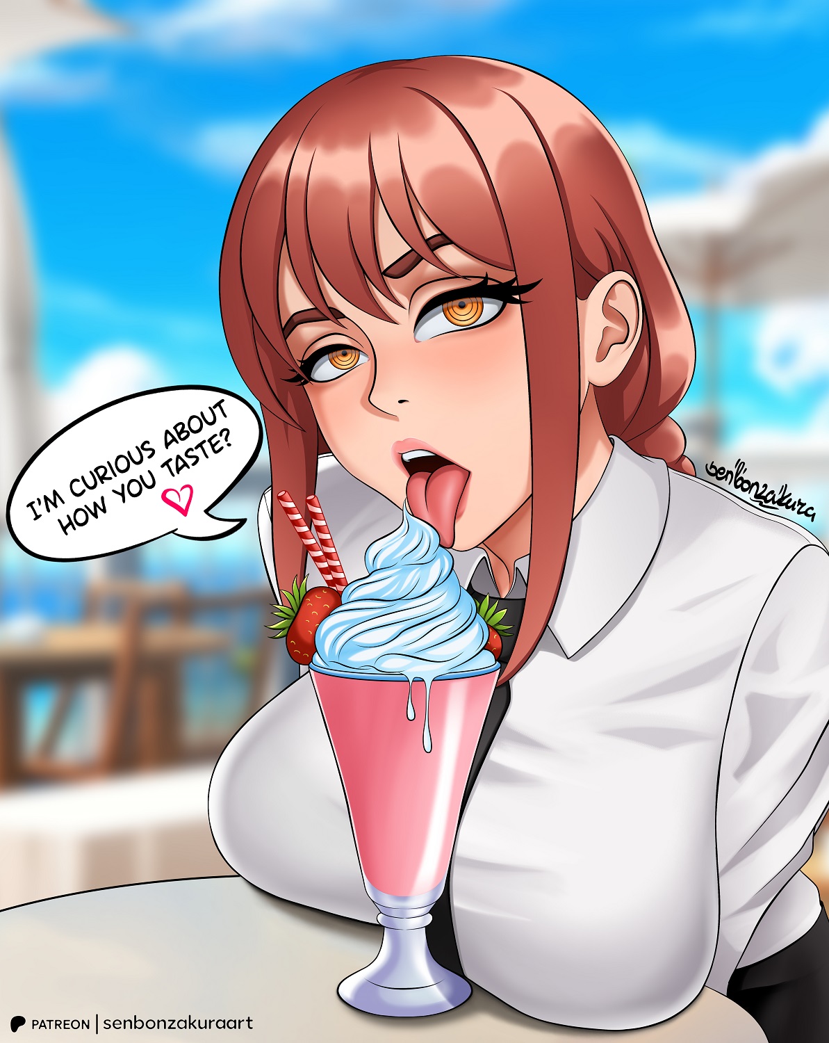 1girls, alluring, background, big breasts, blush, breasts, brown hair, chainsaw man, clothed, demon, demon girl, female, female focus, female only, front view, gilf, girl solo, huge breasts, ice cream, licking, licking ice cream, light skin, light-skinned female, lips, lipstick, looking at viewer, makima (chainsaw man), melting, melting ice cream, milf, only girl, only woman, orange eyes, pale skin, pale-skinned female, pervert, posing, posing for the viewer, posing for viewer, seductive, seductive look, senbonzakuraart, shirt, solo, solo female, solo focus, solo girl, solo woman, text, text bubble, tongue, tongue out, voluptuous, voluptuous female, woman only, woman solo