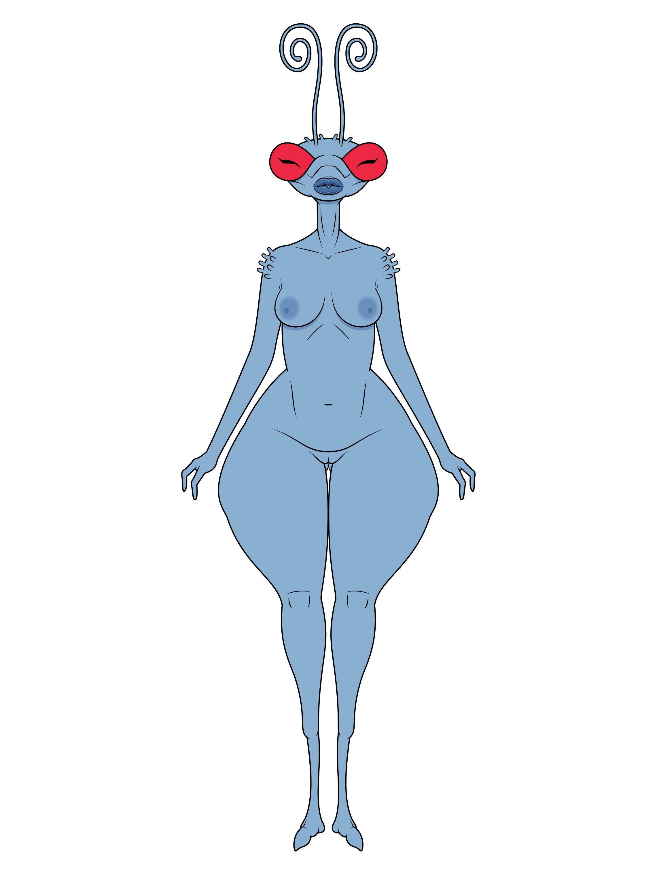 1girls, 2d, 2d (artwork), alien, alien female, antennae (anatomy), big lips, blue body, blue skin, breasts, female, female focus, female only, image comics, innie pussy, insect eyes, insect girl, insectoid, insectoid female, insects, invincible, invincible (comics), invincible (tv series), jerichokain94, looking at viewer, naked, naked female, nipples, nude, nude female, puckered lips, pussy, red eyes, sitting on box, sketch, small breasts, solo, solo focus, standing, thick thighs, thighs, thraxan, white background