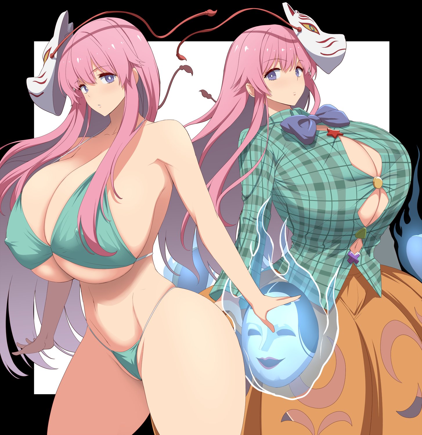 1girls, bikini, breasts, female, gigantic breasts, hata no kokoro, huge breasts, kloah, large breasts, long hair, looking at viewer, pink hair, solo, tagme, touhou, voluptuous