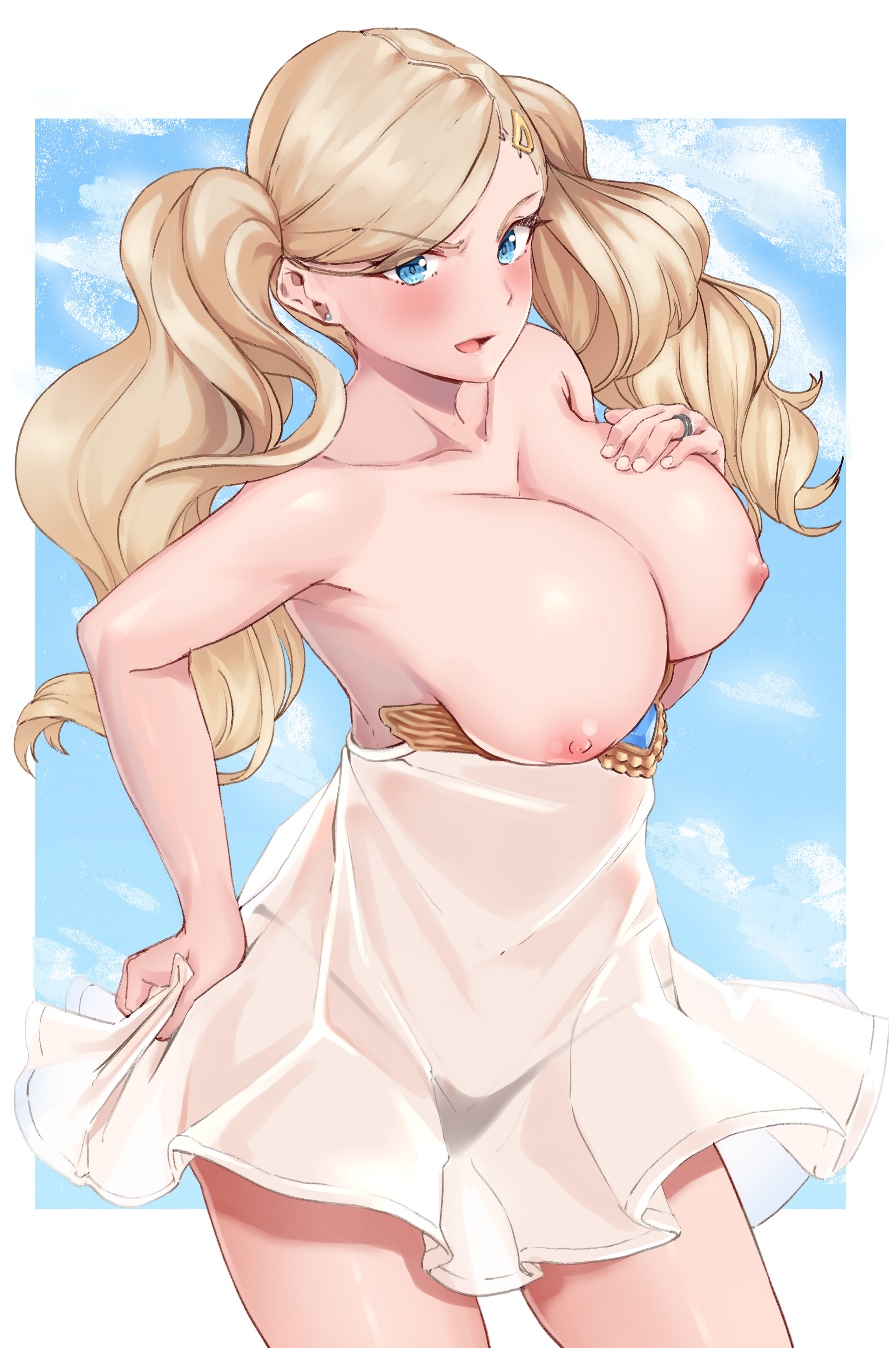 1girls, 2020, absurd res, alternate version available, ann takamaki, ass, bare breasts, bare chest, big breasts, blonde eyebrows, blonde hair, blue eyes, blue sky, blush, breasts, clothed female, cloud, cloudy sky, cosplay, costume switch, dress, earrings, eyebrows, eyelashes, female, female focus, female only, gold, granblue fantasy, hand on chest, hand on own chest, hi res, huge breasts, incloud (artist), jewelry, large breasts, light skin, light-skinned female, long hair, looking at viewer, lyria (granblue fantasy), lyria (granblue fantasy) (cosplay), megami tensei, nipples, open mouth, outfit swap, pale skin, pale-skinned female, partially clothed, persona, persona 5, ring, sky, solo, solo female, sparkle, sundress, twintails, white border, white clothes, white dress