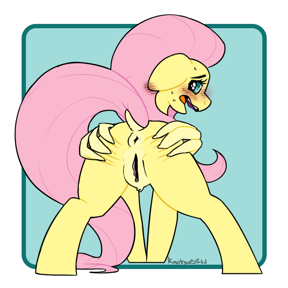 anus ass blush equid equine feathered_wings feathers female feral fluttershy_(mlp) friendship_is_magic genitals hair hasbro knotsosfw looking_at_viewer mammal my_little_pony open_mouth pegasus pink_hair presenting pussy simple_background solo solo_focus wings yellow_body yellow_feathers