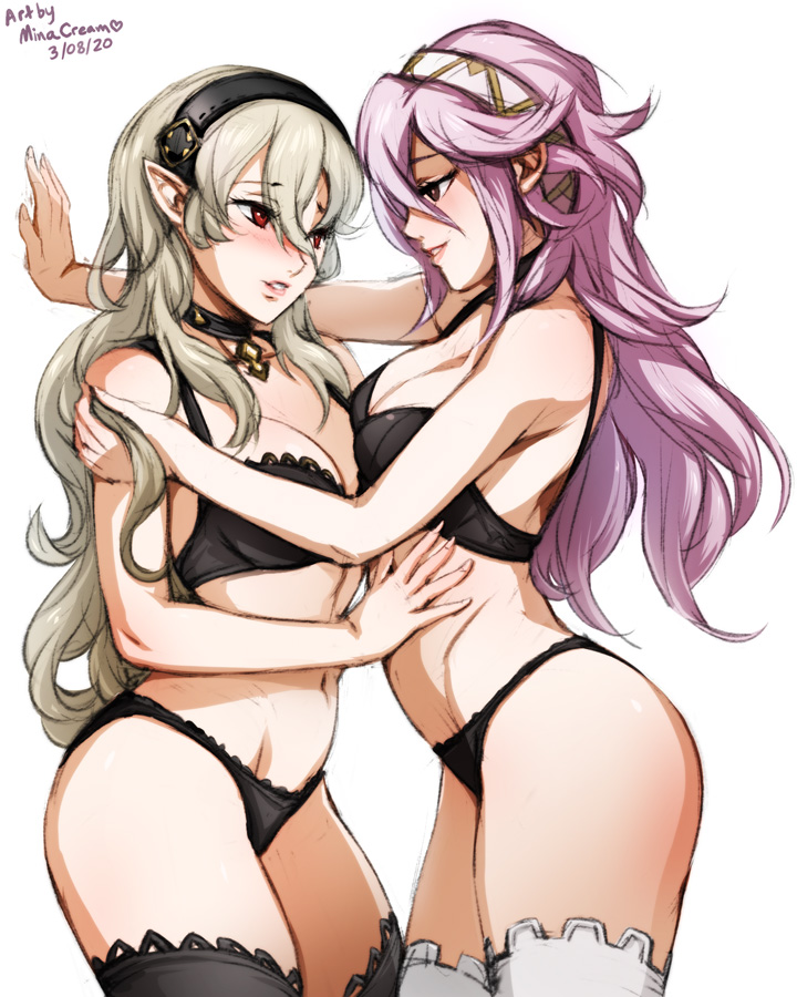 2girls, assertive, bare thighs, black lingerie, black panties, blush, breasts, brown eyes, cleavage, corrin (fire emblem), corrin (fire emblem) (female), female, female only, female protagonist, fire emblem, fire emblem fates, inner thighs, lingerie, long hair, medium breasts, minacream, naughty face, nintendo, panties, pink hair, red eyes, smile, soleil (fire emblem), thighhighs, underwear, white background, yuri