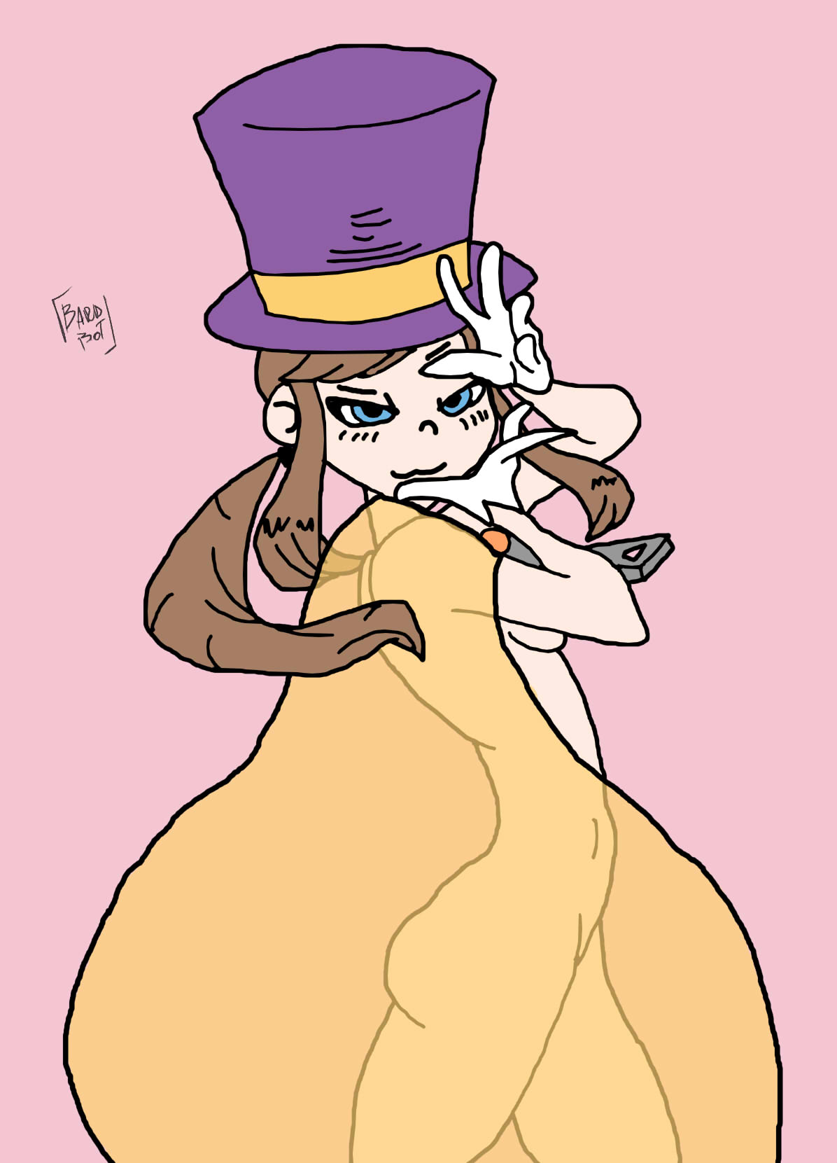 :3, 2d, a hat in time, bard-bot, blue eyes, breasts, brown hair, cape, covering, covering breasts, edit, female, gloves, hat, hat adult, hat kid, ponytail, rathernotsay, smile, smug, third-party edit, white gloves