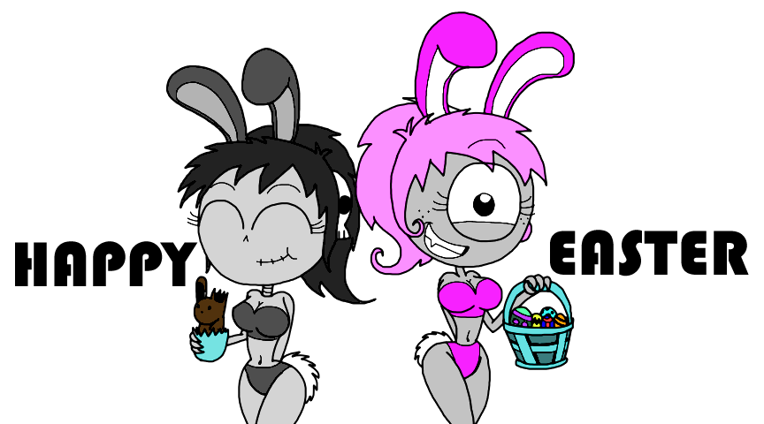 2girls basket black_bikini black_hair black_panties breasts bunny_ears bunny_tail burtonberg chocolate chocolate_bunny closed_eyes easter easter_egg easter_eggs eating freckles grey_skin grimella_reaper_(montatora-501) looking_at_viewer monster monster_girl montatora-501 multiple_girls oc omegusmaximus original_character pink_bikini pink_bra pink_hair pink_panties rabbit_ears rabbit_tail simone_pazookie_(montatora-501) skeleton smile