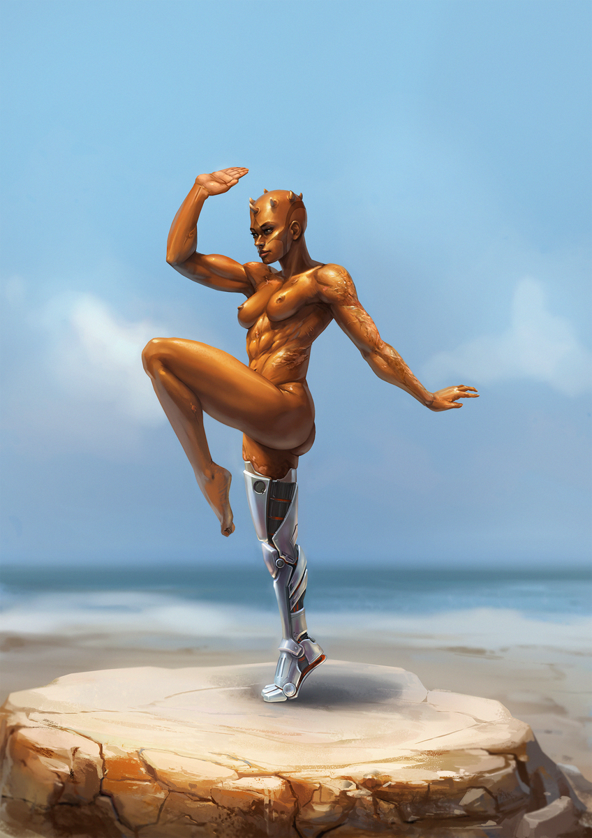 abs bald female light_smile luckyfk mechanical_leg medium_breasts nude nude_female pose robotic_leg scar solo star_wars stretching tiptoes toned zabrak