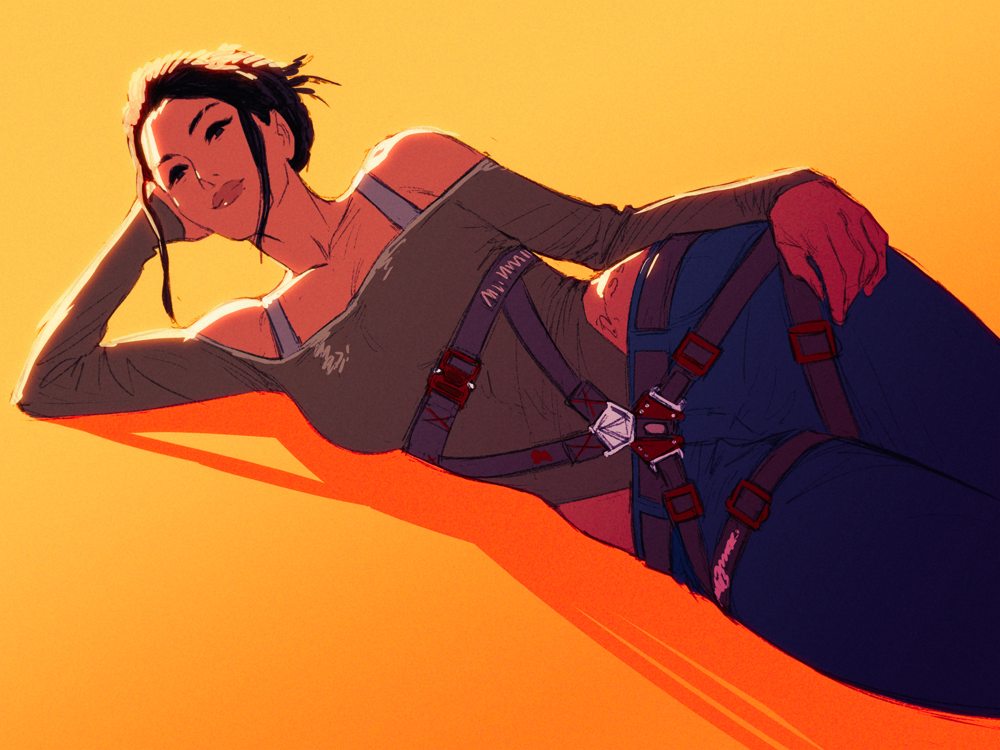 1girls, 2020, 2d, a filthy king (artist), body harness, bodysuit, breasts, cd projekt red, clothed, cyberpunk, cyberpunk (series), cyberpunk 2077, female, female only, fully clothed, hair bun, harness, hips, jeans, leotard, panam palmer, ponytail, solo, solo female, streetwear, tattoo