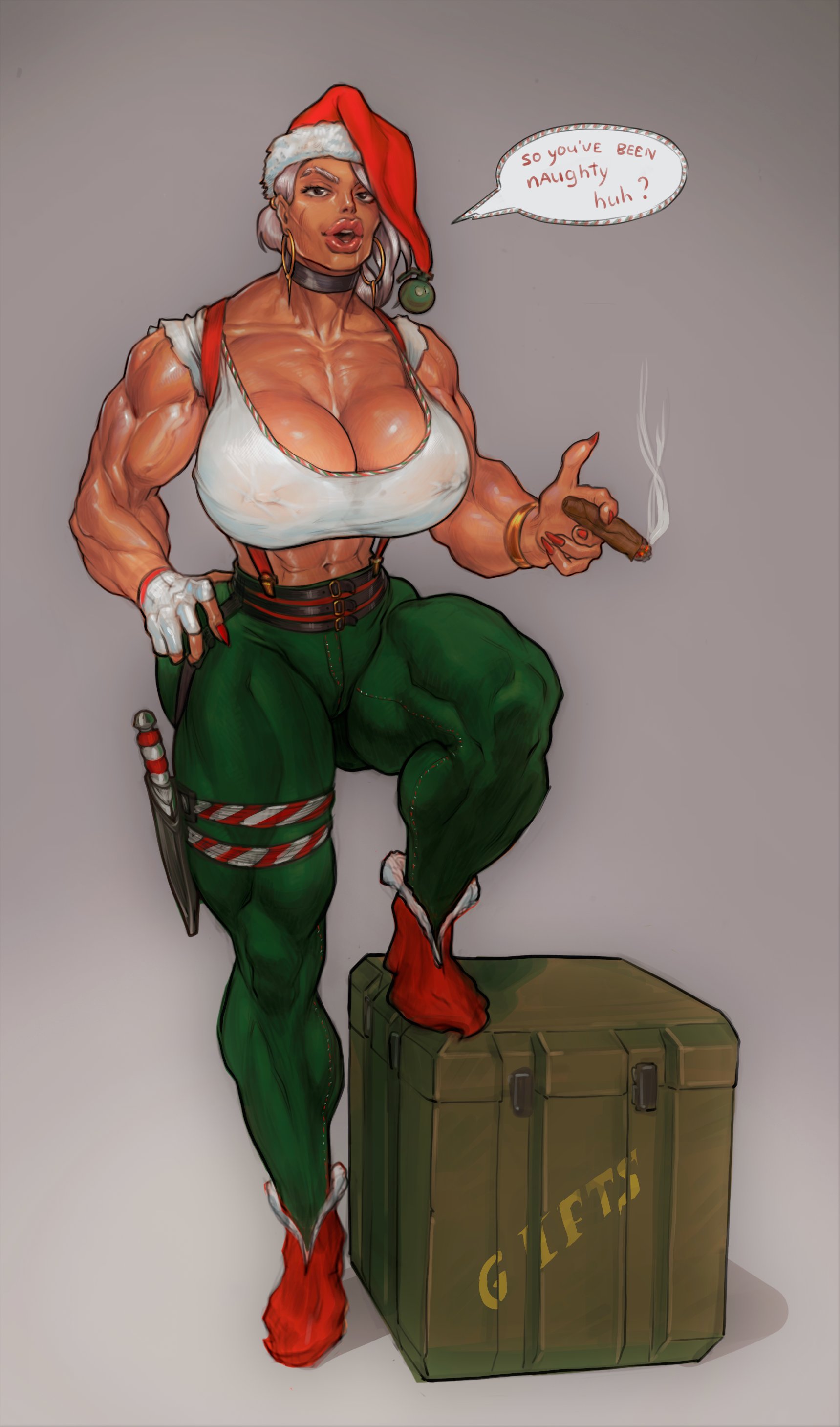 1girls, ass, breasts, christmas, cigar, cleavage, collarbone, crate, dialogue, english text, female, female only, holding cigar, huge ass, huge breasts, iranon, knife, lips, mrs. claus, muscular, muscular female, nail polish, open mouth, pants, santa hat, scar, scar on face, silver hair, skin tight, solo, suspenders, tank top, thick thighs, thigh holster, tight pants