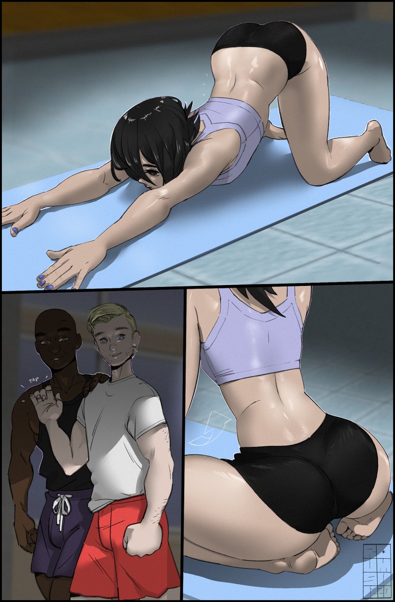 1girls, 2boys, ass, black hair, bleach, comic, dark skin, dark-skinned male, face down ass up, female, female focus, fit, fit female, flexible, gym, gym clothes, kuchiki rukia, male, roumgu, short hair, solo focus, stretching, yoga