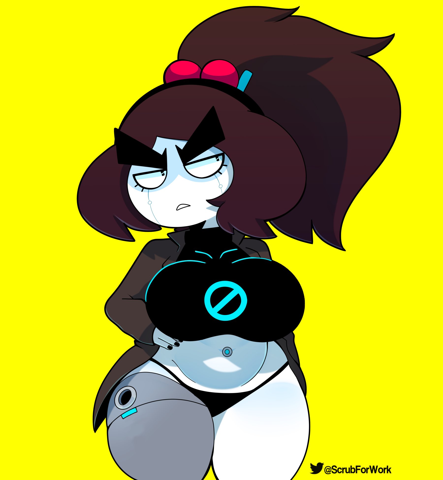 1girls, black nails, black panties, breasts, brown hair, crop top, curvy, eyebrows, female, female only, femscrub (somescrub), frown, gynoid, hair, hair ornament, hairband, hand on hip, jacket, large breasts, looking away, nail polish, open clothes, open jacket, original, original character, panties, ponytail, robot, robot girl, robot humanoid, robot joints, slightly chubby, solo, solo female, somescrub, thick thighs, twitter, twitter username, watermark, white body, yellow background