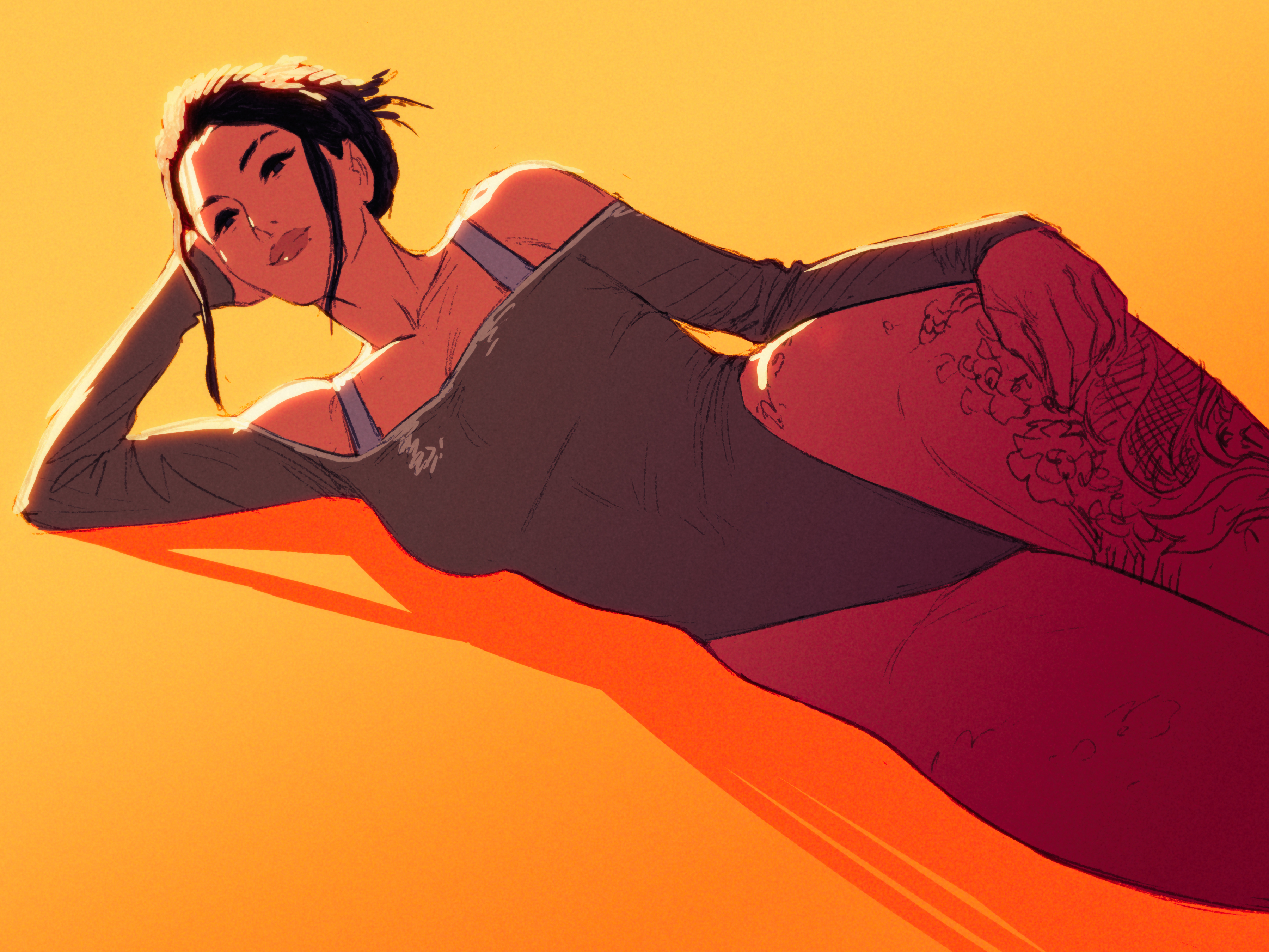 1girls, 2020, 2d, a filthy king (artist), bodysuit, cd projekt red, cyberpunk, cyberpunk (series), cyberpunk 2077, female, female only, leotard, panam palmer, ponytail, solo, tattoo