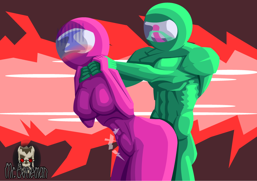 1boy 1boy1girl 1girls among_us asphyxiation bent_over big_breasts blush bodysuit choking curvy female from_behind green_(among_us) helmet huge_breasts impostor_(among_us) mr._boneman pink_(among_us) rape