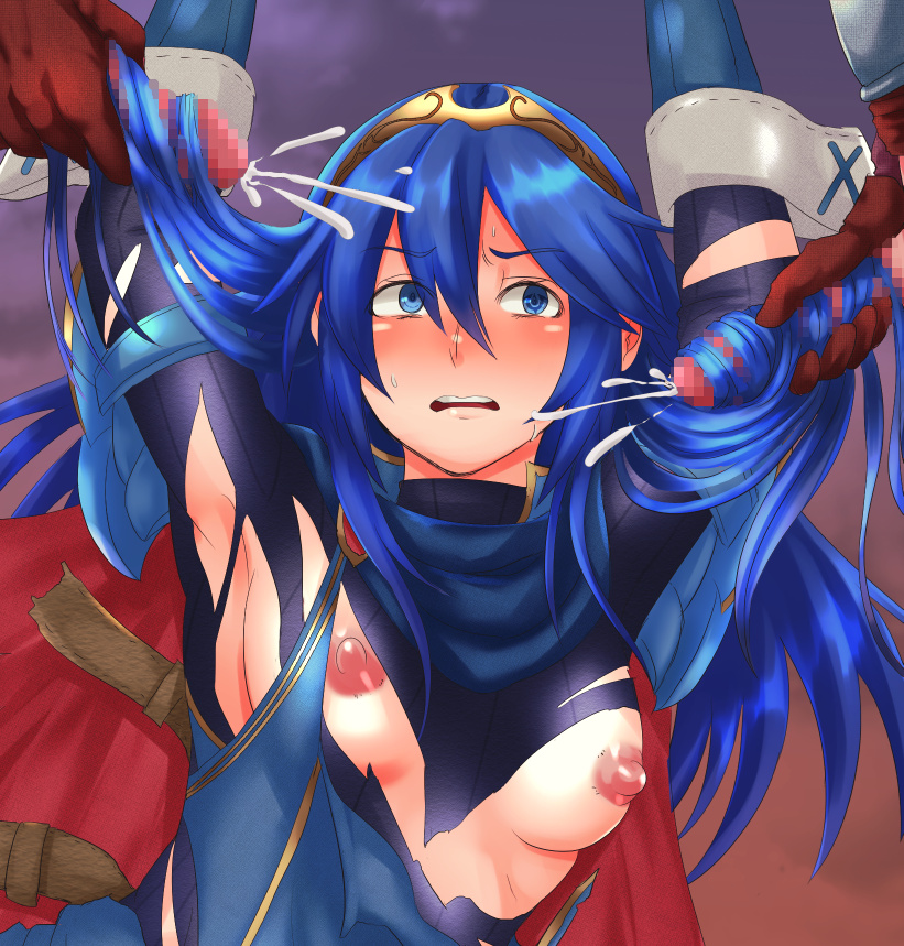 1girls armpits blue_eyes blue_hair blush breasts breasts_out censored cum cumshot exposed_breasts facial fire_emblem fire_emblem_awakening gangbang gangrape hairjob hanemikakko long_blue_hair long_hair lucina_(fire_emblem) medium_breasts nintendo nipples rape restrained small_breasts sunset sweat sweatdrop symbol-shaped_pupils tiara torn_clothes