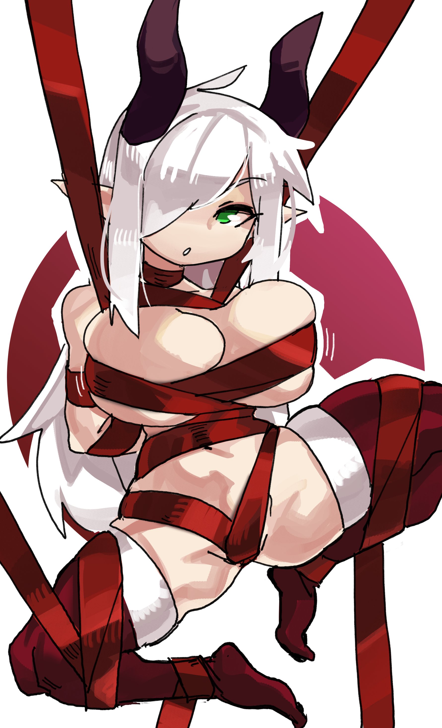 1girls, breast squeeze, breasts, female, female only, green eyes, hair over one eye, horns, legwear, long hair, looking at viewer, original, pointy ears, solo, solo female, thigh squish, tied, tied up, very high resolution, white hair, zanamaoria