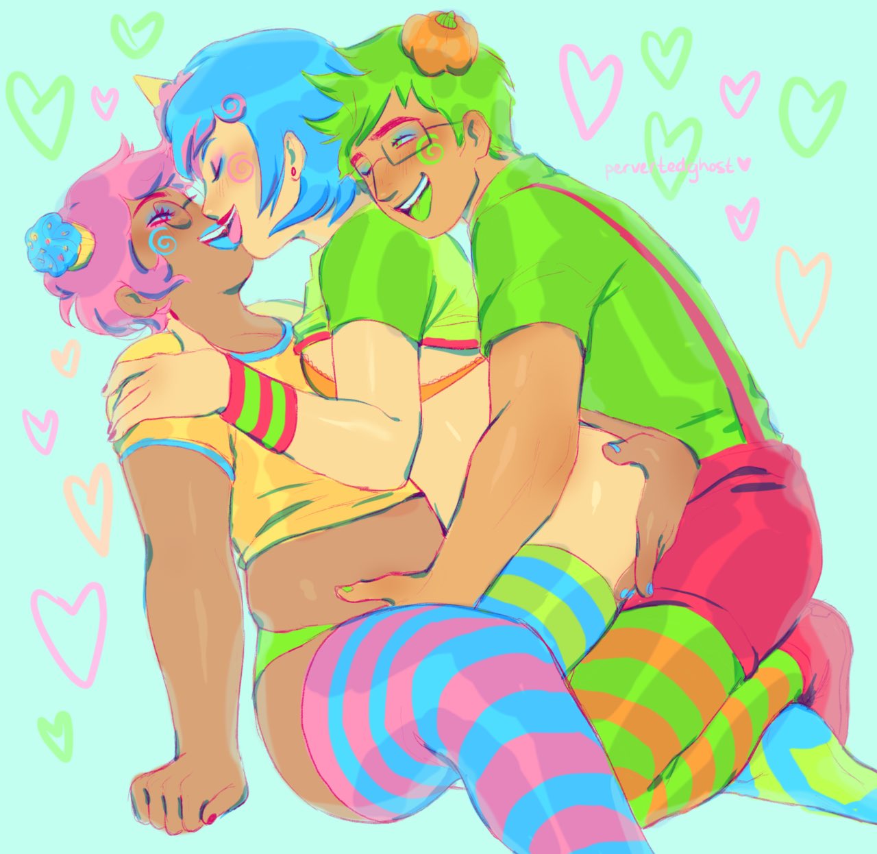 1boy 2girls ass_grab bra homestuck jake_english jane_crocker kissing panties r18ghost roxy_lalonde thighhighs threesome trickster_mode underwear