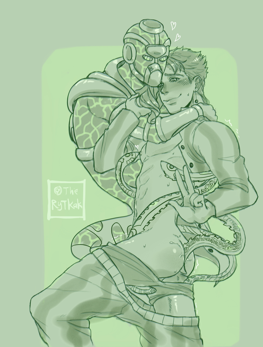 abs blush hierophant_green hug humanoid jojo's_bizarre_adventure male_only nipple_play noriaki_kakyoin pajamas pants_down partially_clothed peace_sign solo_male stand_(jjba) standcest stardust_crusaders tentacle therytkak toned toned_male underwear_down