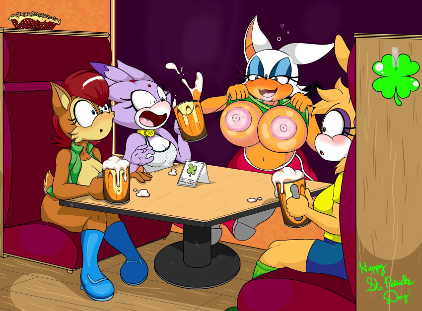against glass, alcohol, anthro, archie comics, bat, beverage, big breasts, blaze the cat, blush, booth, breast press, breast squish, breasts, breasts against glass, breasts on glass, bunnie rabbot, chiropteran, clothed, clothing, domestic cat, drunk, felid, feline, felis, female, flashing, food, group, hi res, holidays, lagomorph, leporid, looking at another, mammal, nipples, presenting, presenting breasts, public, rabbit, rodent, rouge the bat, sally acorn, sciurid, sonic (series), sonic the hedgehog (archie), sonic the hedgehog (comics), sonic the hedgehog (series), squirrel, squish, st. patrick's day, substance intoxication, surprise, tinydevilhorns, topless