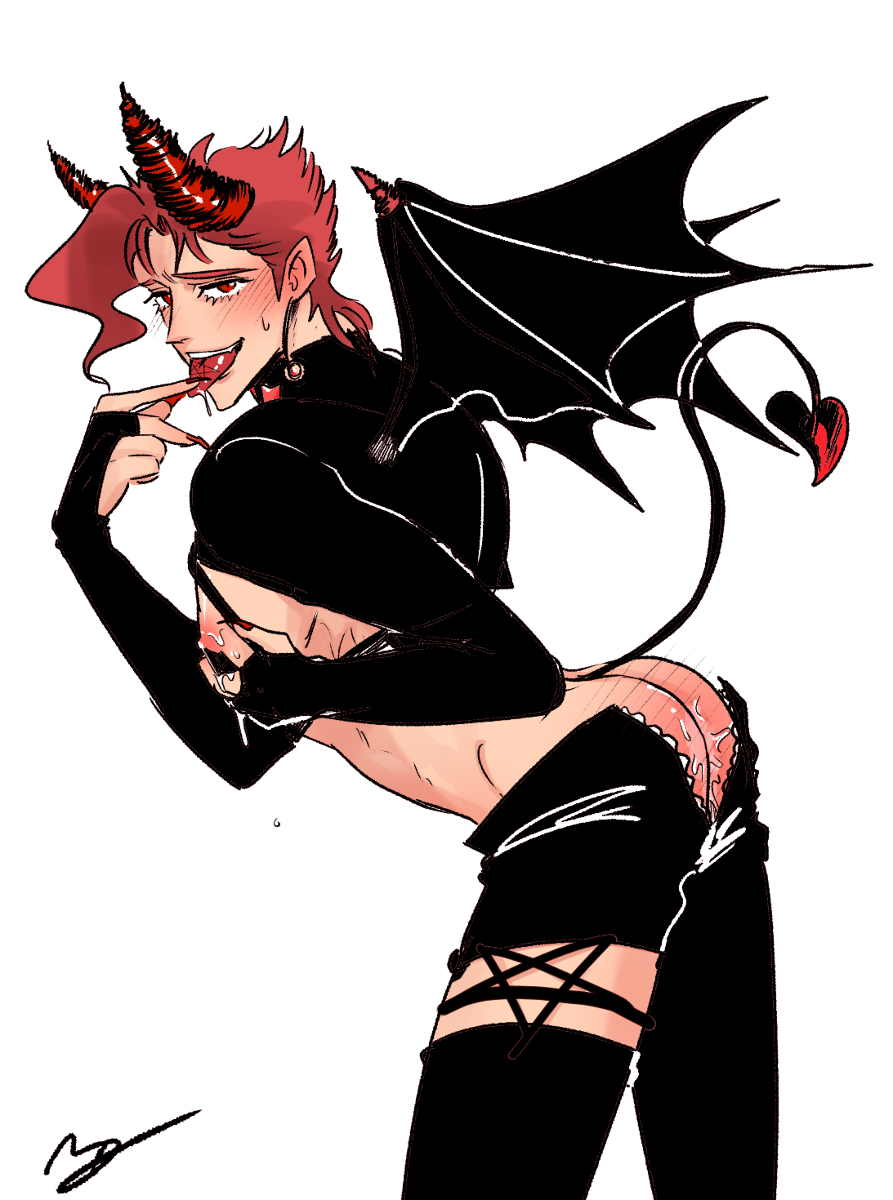 1boy ass ass_out bent_over blush crop_top demon_boy demon_horns demon_tail demon_wings facing_away finger_licking gloves horns incubus jojo's_bizarre_adventure lactation looking_at_viewer looking_back male_lactation male_only milk nipple_play noriaki_kakyoin open_pants partially_clothed playful red_ass sayojoka smile solo_male stardust_crusaders succubus tail teasing toned toned_male tongue_out wings