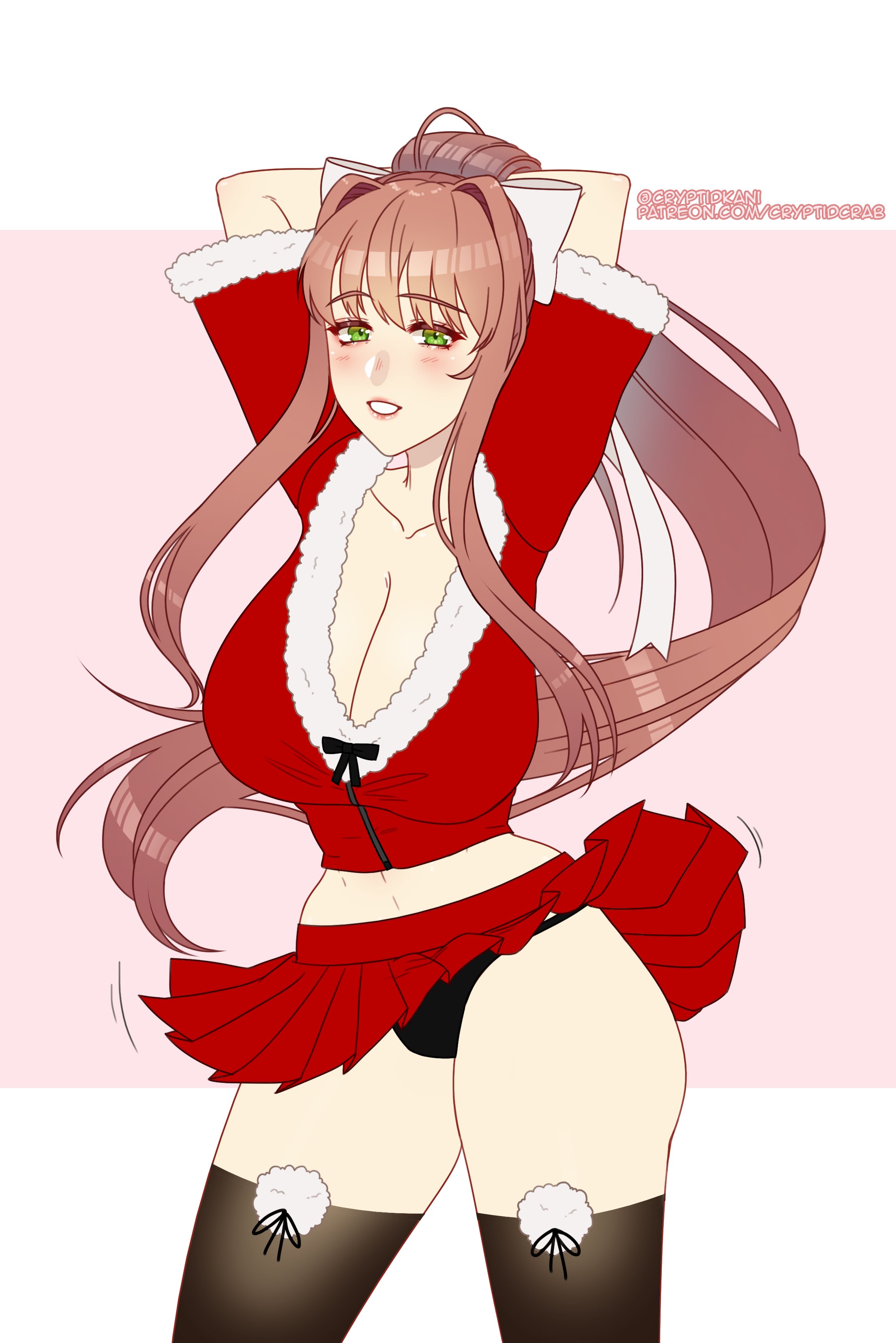 1girls, alternate costume, arms behind head, arms up, bare midriff, bare thighs, big breasts, black panties, blush, breasts, christmas, cleavage, collarbone, cryptid crab, doki doki literature club, female, green eyes, huge breasts, large breasts, long hair, looking at viewer, milf, monika (doki doki literature club), panties, pantyshot, ponytail, skirt, smile, solo, solo female, thick thighs, thighhighs, upskirt, white background