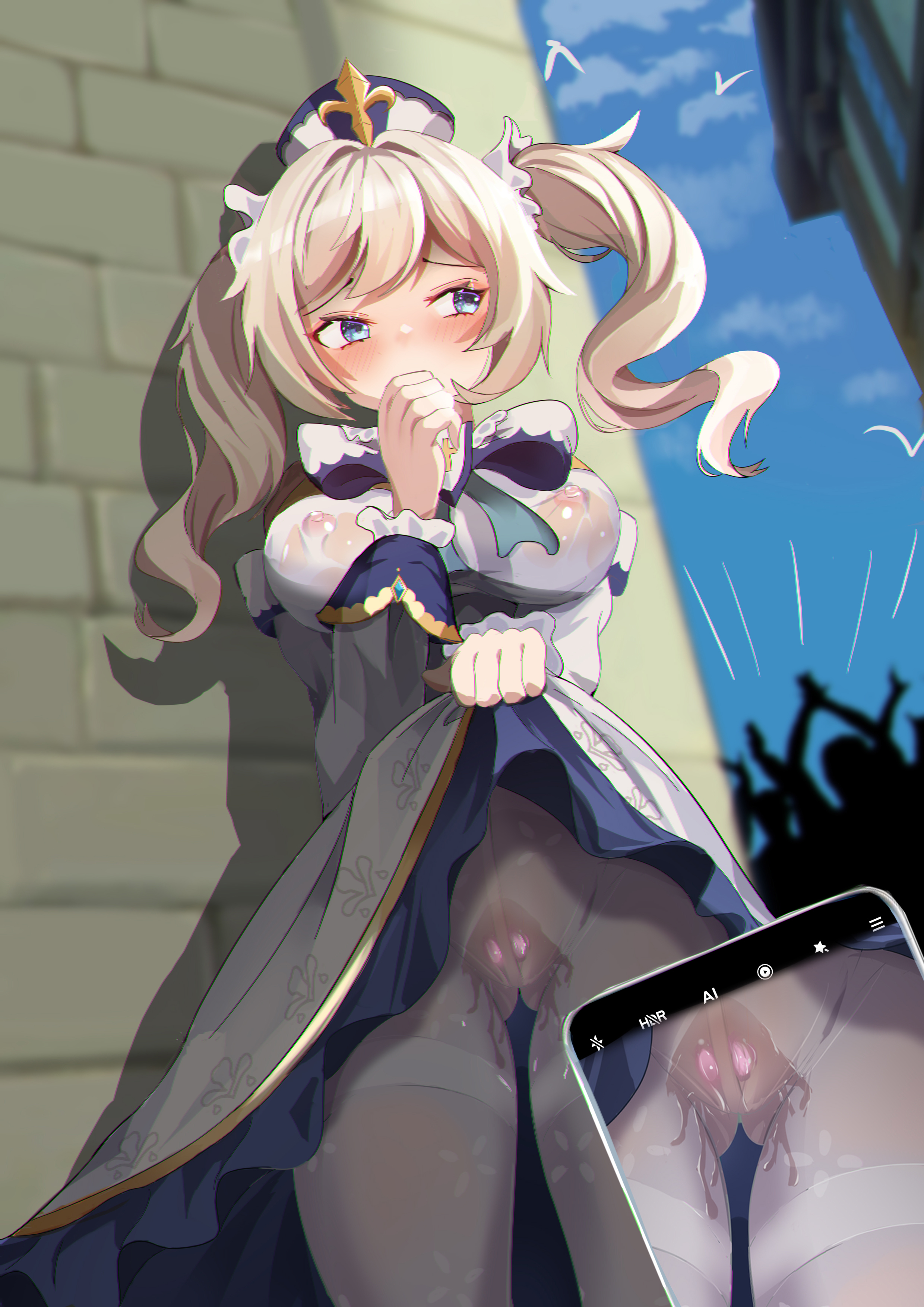 1girls, barbara (genshin impact), blonde hair, blue eyes, blush, breasts, chushou jiang, dress, dress lift, egg vibrator, erect nipples, female, genshin impact, lifted by self, nipples, nun, pantyhose, phone, priestess, pussy, pussy ejaculation, pussy juice, recording, skirt, skirt lift, smartphone, twintails, vibrator, vibrator under clothes