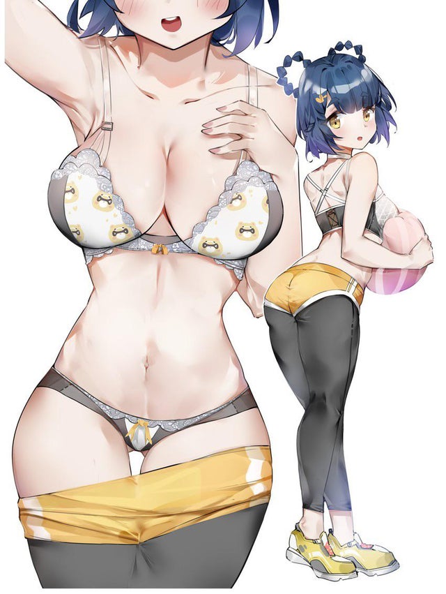 1girls, blue hair, blush, bra, female, genshin impact, sportswear, underwear, xiangling (genshin impact), yellow eyes, yztp