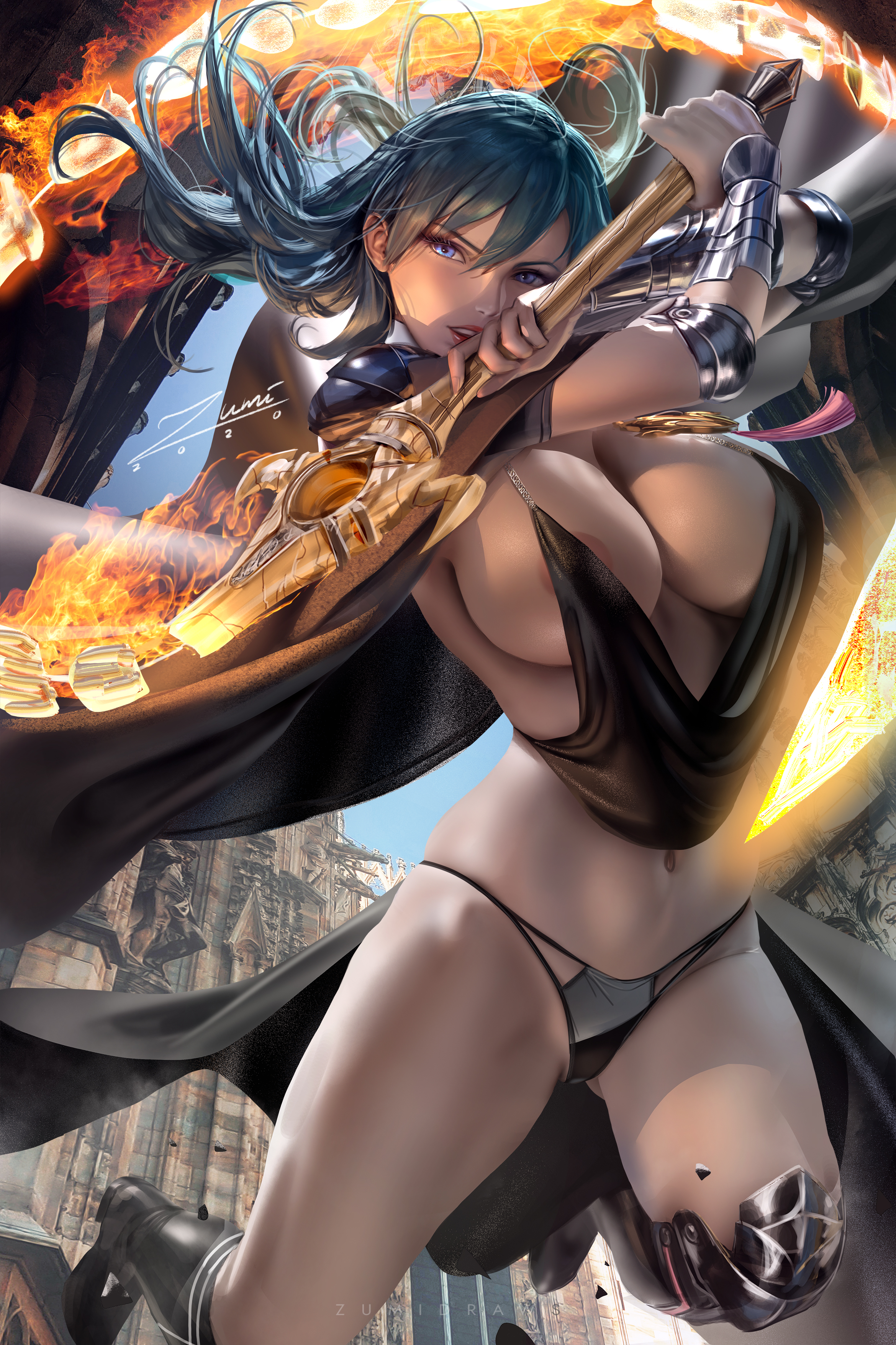 1girls, areola slip, big breasts, black panties, blue eyes, blue hair, breasts, byleth (fire emblem), byleth (fire emblem) (female), female, female only, fire emblem, fire emblem: three houses, large areolae, large breasts, long hair, nintendo, panties, revealing clothes, sideboob, skimpy, skimpy clothes, zumi