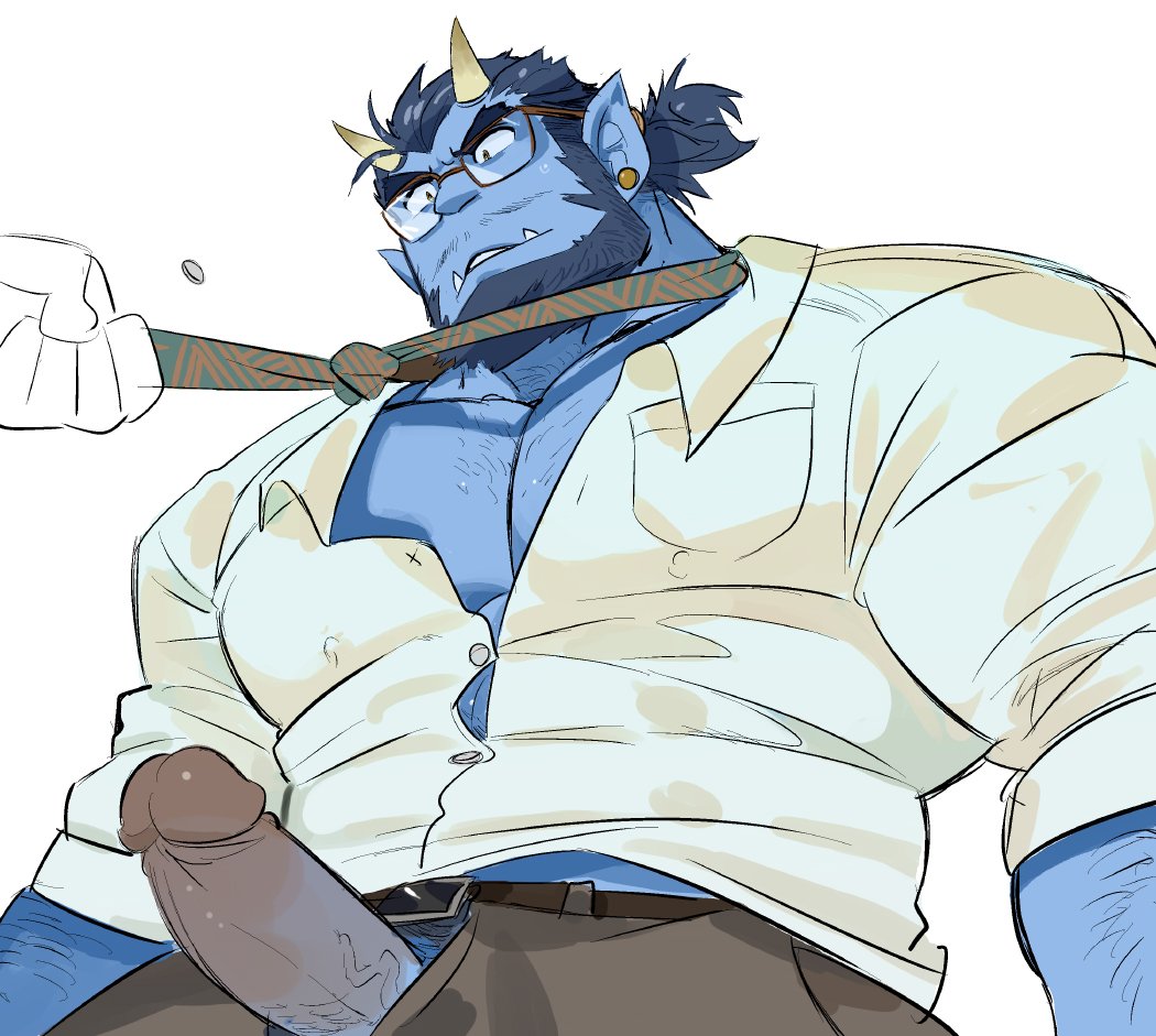 1boy alternate_costume arm_hair bara bare_pecs beard belt blue_oni blue_oni_(saltypoundcake) blue_skin bursting_pecs chest_hair clothed collared_shirt colored_skin cowboy_shot dark_blue_hair erection facial_hair fangs formal grey_pants horns male male_focus male_only midriff_peek monster_boy muscular necktie necktie_grab neckwear_grab oni oni_horns original pants partially_unbuttoned pectorals penis pointy_ears pov saltypoundcake shirt short_hair solo_focus thick_eyebrows tied_hair uncensored veins veiny_penis white_shirt