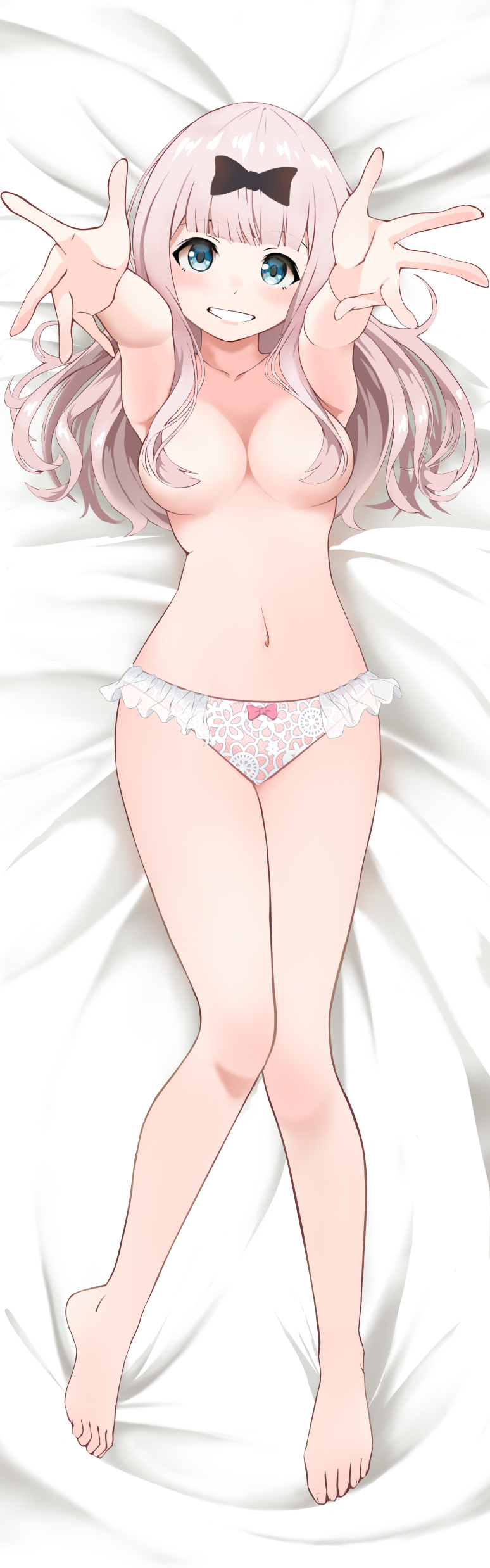 1girls, barefoot, big breasts, blue eyes, breasts, convenient censoring, dakimakura, female, female only, fujiwara chika, hands up, human, kaguya-sama wa kokurasetai ~tensai-tachi no renai zunousen~, knees together feet apart, leaning forward, legs, long hair, looking at viewer, navel, panties, pink hair, smile, solo, teeth