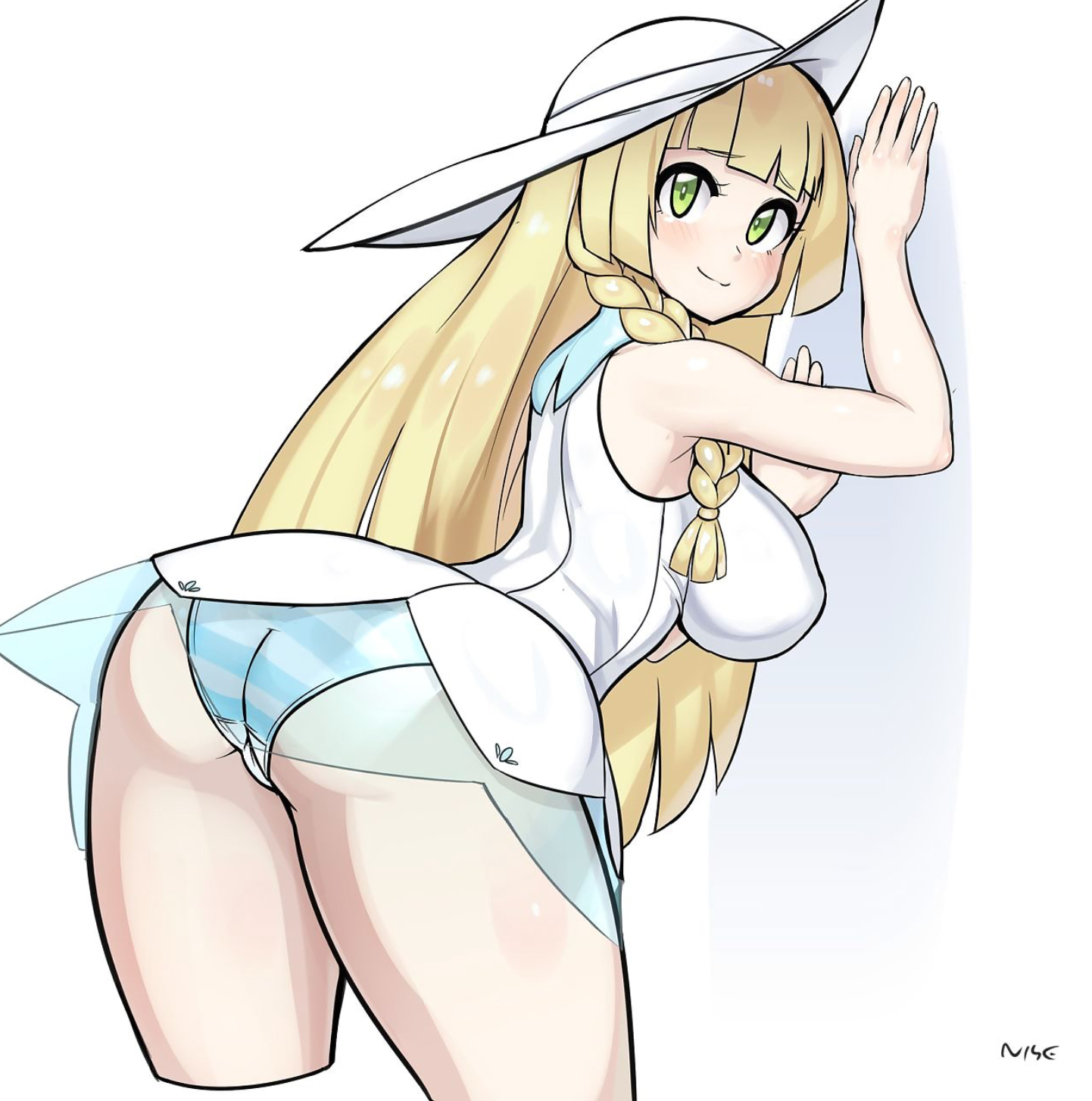 2d, against wall, alternate breast size, ass, blonde hair, blush, boobs, braided hair, breasts, clothing, dress, female, green eyes, hat, lillie (pokemon), nisetanaka, nisetanaqa, panties, pokemon, pokemon sm, schoolgirl, shimapan, slight blush, smile, solo, striped panties, sun hat, transparent clothing, upskirt, white dress