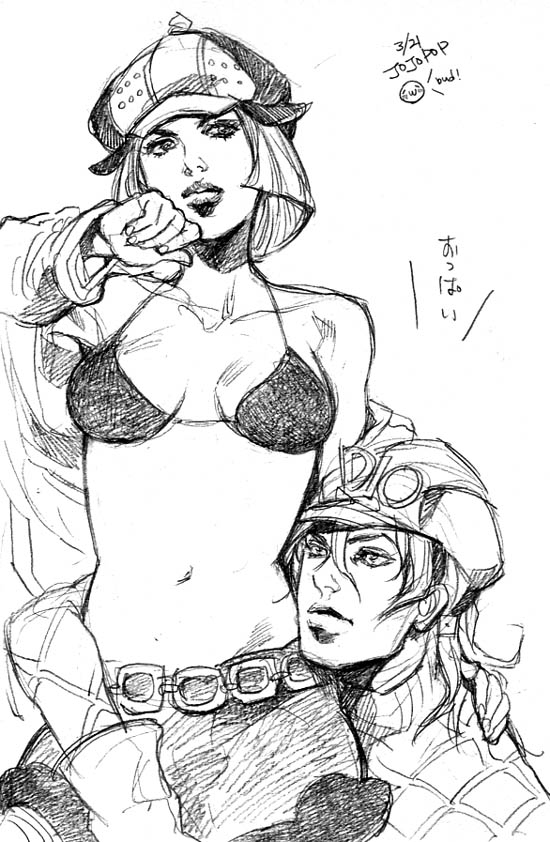 1boy 1boy1girl 1girls bra clothed_male diego_brando female female_focus hot_pants_(jjba) jojo's_bizarre_adventure looking_away male miniskirt mostly_clothed partially_clothed partially_clothed_female sketch steel_ball_run straight topless