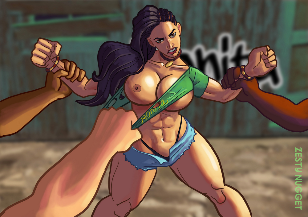 angry, black hair, brazilian, brazilian female, breasts, brown eyes, defeated, female, gangrape, huge breasts, imminent rape, laura matsuda, male, muscular, nipples, partial male, rape, street fighter, street fighter v, torn clothes, zestynugget