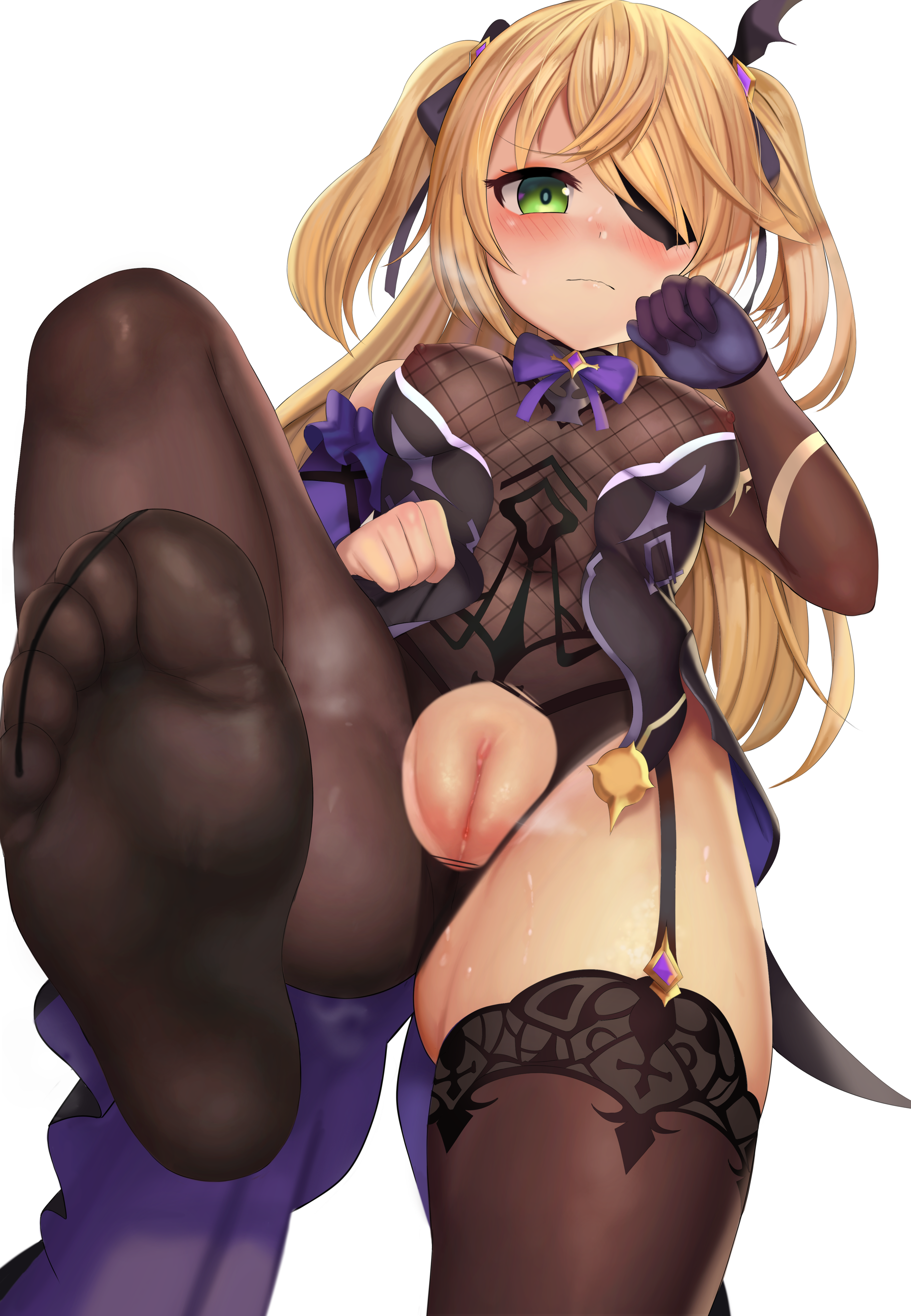 1girls, absurd res, barefoot, blonde hair, blush, bottomless, breasts, clothing, embarrassed, feet up, female, fischl (genshin impact), genshin impact, green eyes, hair ribbon, highres, medium breasts, nipples, no shoes, one eye covered, pantyhose, pussy, rkrk12, short twintails, steam, stockings, sweat, sweatdrop, tied hair, torn clothes, torn legwear, torn pantyhose, twintails, very high quality, very high resolution, white background