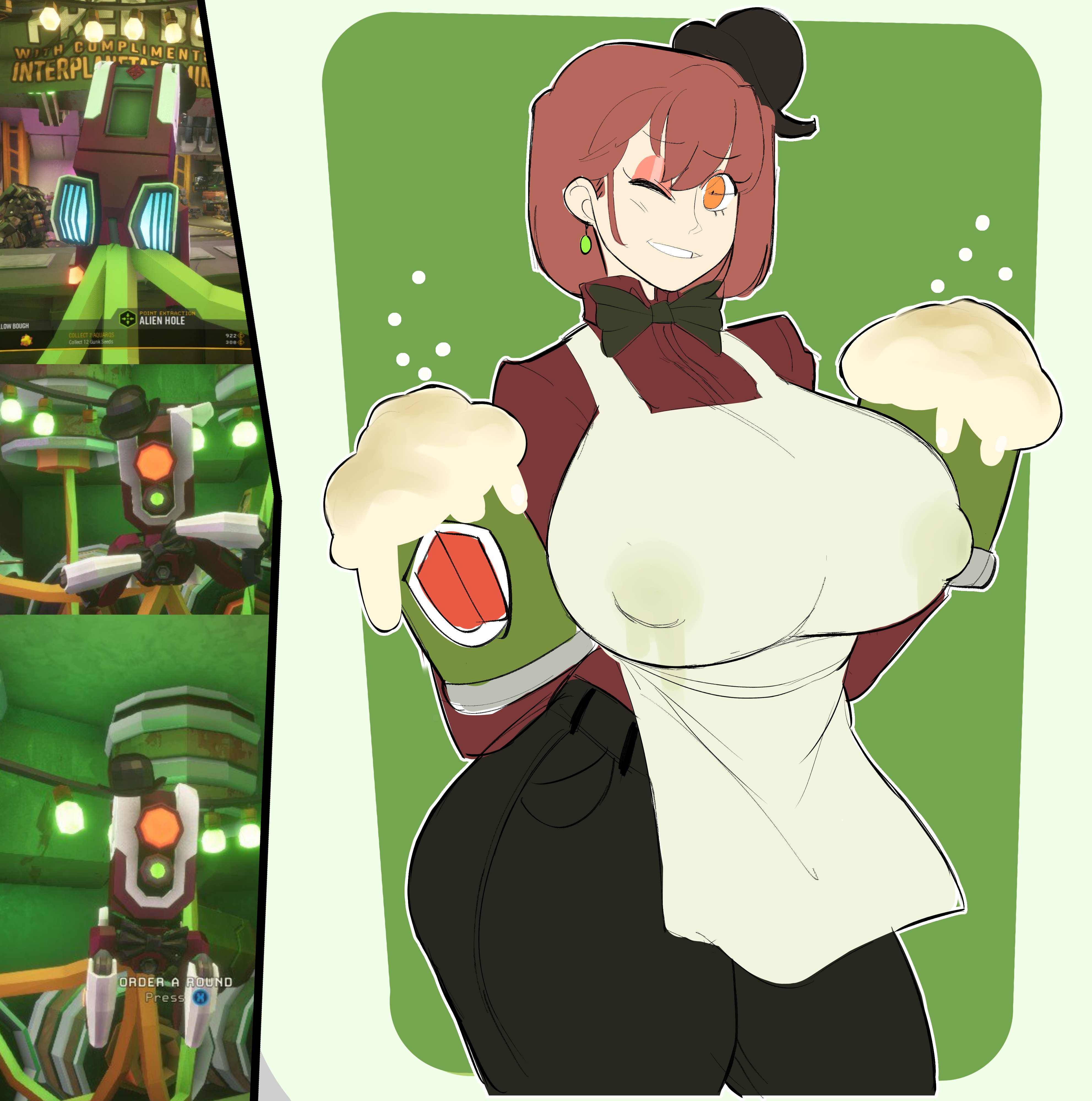 1girls, alcohol, apron, barmaid, beer, beer mug, big breasts, bowler hat, bowtie, breasts, brown hair, clothed, clothing, deep rock galactic, earring, eyeshadow, female, female only, fully clothed, huge breasts, human, humanized, lactation, lactation through clothes, light skin, light-skinned female, lloyd (deep rock galactic), nipple bulge, orange eyes, pale skin, personification, robot, solo, standing, tecfuzz, thick thighs, wide hips, wink