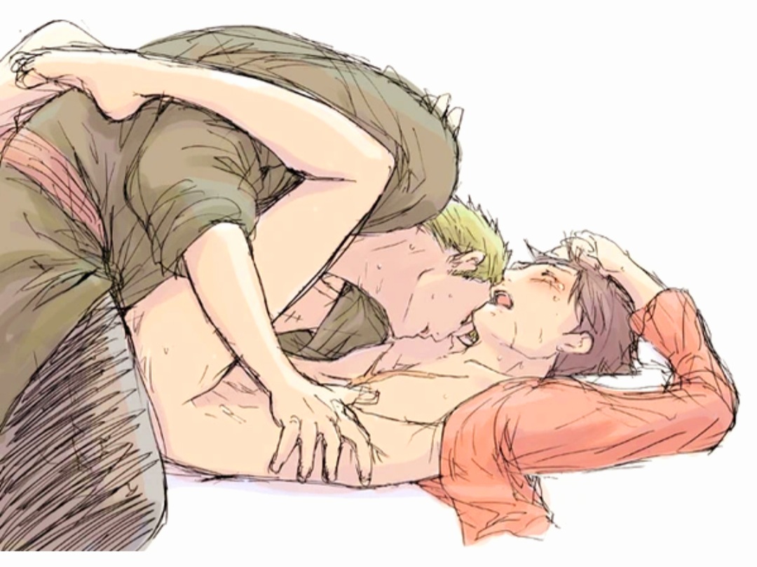 2boys, anal, blush, gay, male, male only, male/male, missionary position, monkey d luffy, one piece, roronoa zoro, yaoi