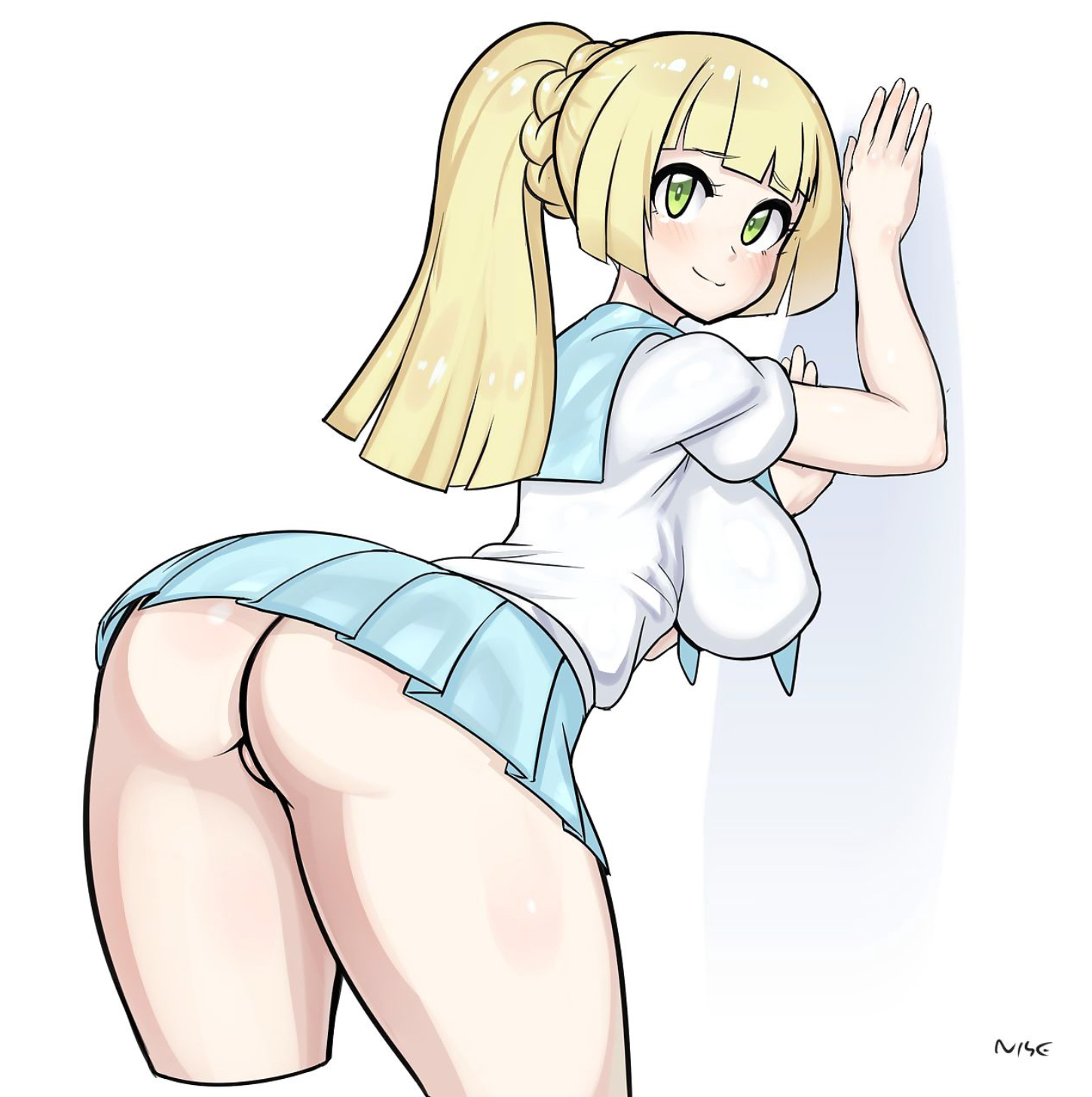 1girls, against wall, alternate breast size, alternate hairstyle, ass, blonde hair, blush, boobs, bottomless, bottomless skirt, breasts, clothed, female, green eyes, lillie (pokemon), miniskirt, nisetanaka, nisetanaqa, no panties, pokemon, pokemon sm, ponytail, pussy, school uniform, schoolgirl, skirt, slight blush, smile, smiling, solo, thick, upskirt, white dress