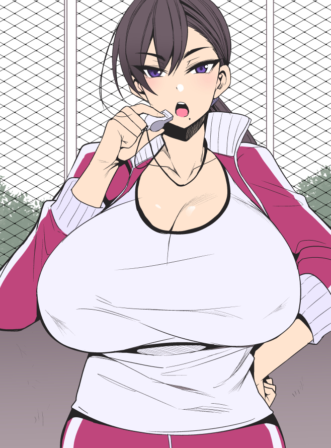 brown_hair class cleavage curvy female gym_uniform huge_breasts original original_character outdoor short_hair teacher thick_thighs trainer