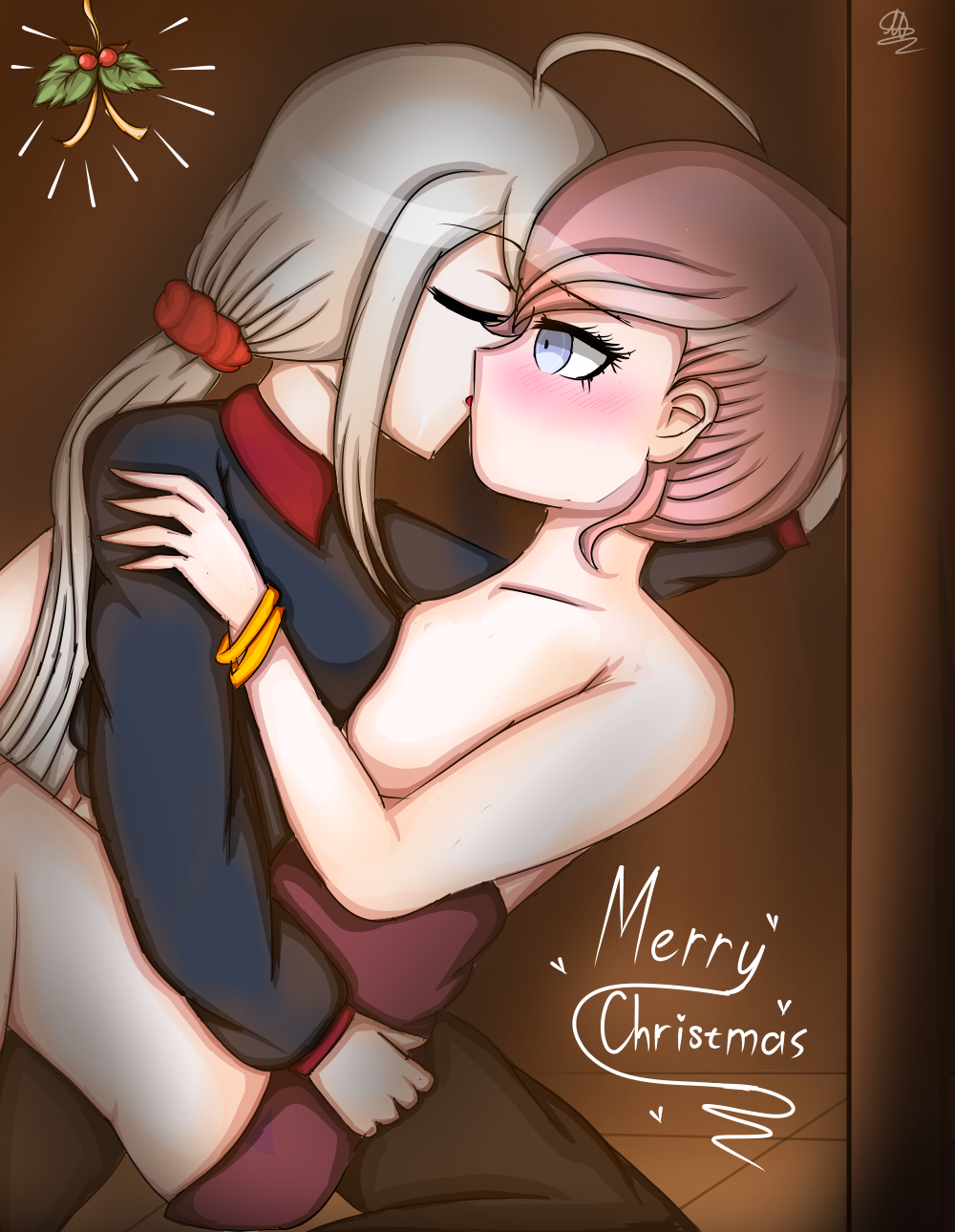 2girls blue_eyes blush bracelet danganronpa danganronpa_another fanganronpa hand_on_head kabuya_yoruko kissing large_breasts lesbian merry_christmas mistletoe multiple_girls nahbroitaintit pink_hair sdra2 sora_(super_danganronpa_another_2) straight_hair super_danganronpa_another_2 topless white_hair wholesome yuri