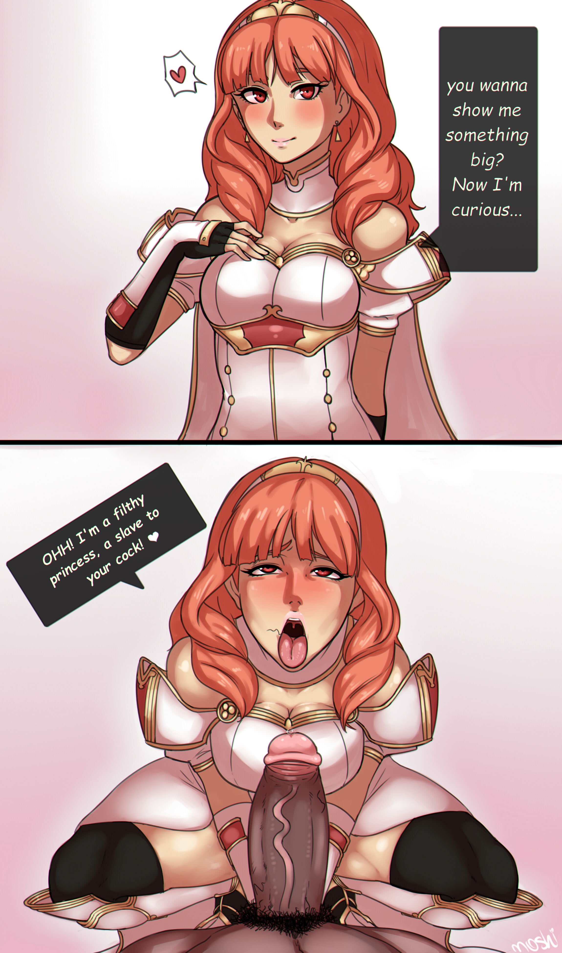 after oral, big breasts, breasts, celica (fire emblem), dark skin, dark-skinned male, english text, female, femsub, fire emblem, fire emblem echoes: shadows of valentia, fire emblem gaiden, hair in mouth, instant loss 2koma, kneeling, male, maledom, moshimashi, nintendo, orange hair, penis, pov, pov eye contact, red eyes, royalty, stray pubic hair, text, thighhighs