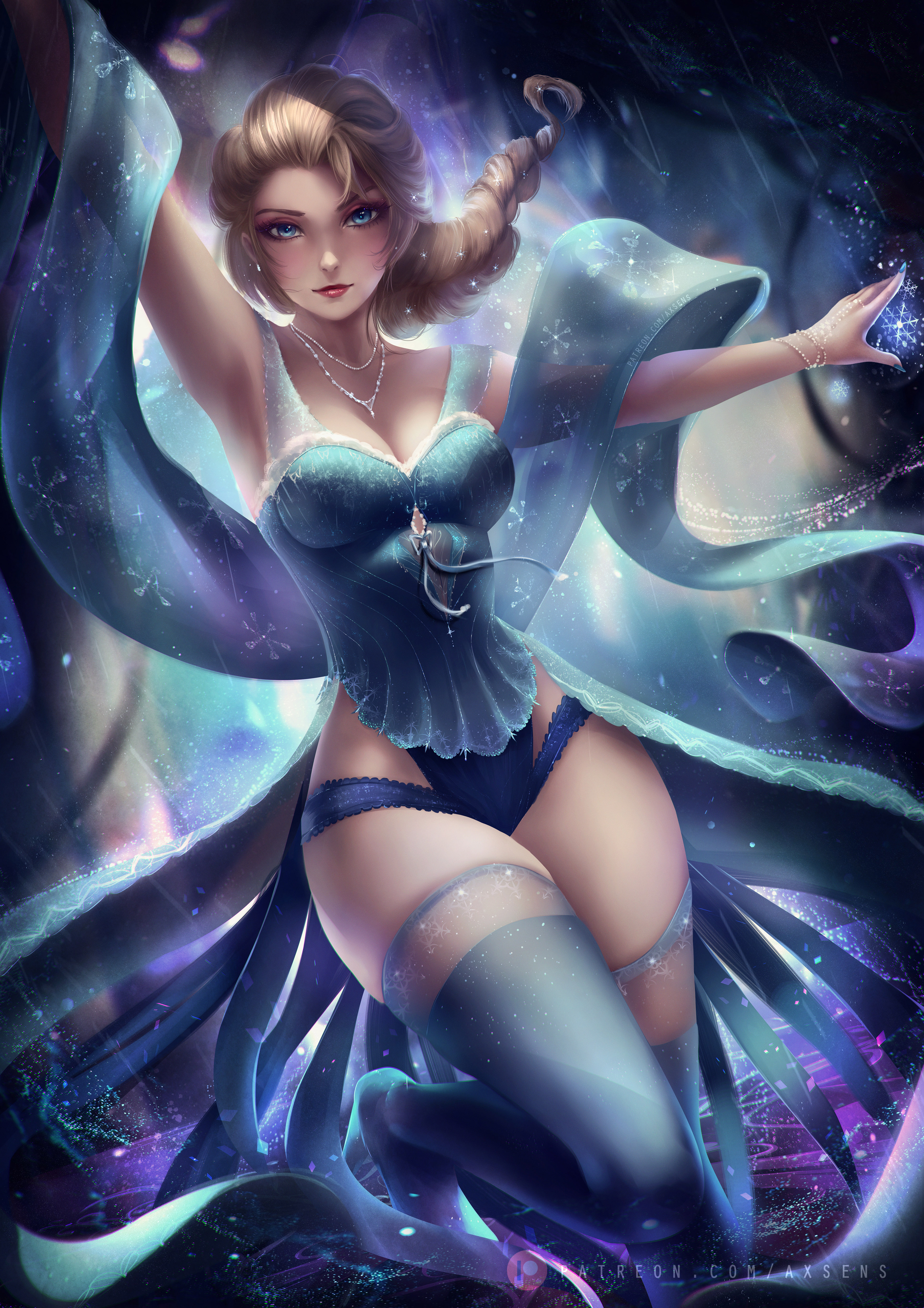 1girls, armpit, axsens, big breasts, blonde hair, blue eyes, blue nails, braided hair, breasts, cleavage, clothed, clothing, disney, dress, elsa (frozen), female, frozen (film), looking at viewer, magic, magic user, magical girl, medium breasts, nail polish, necklace, ponytail, red lips, snowflake, stockings, thick thighs, thighs, underwear, winter