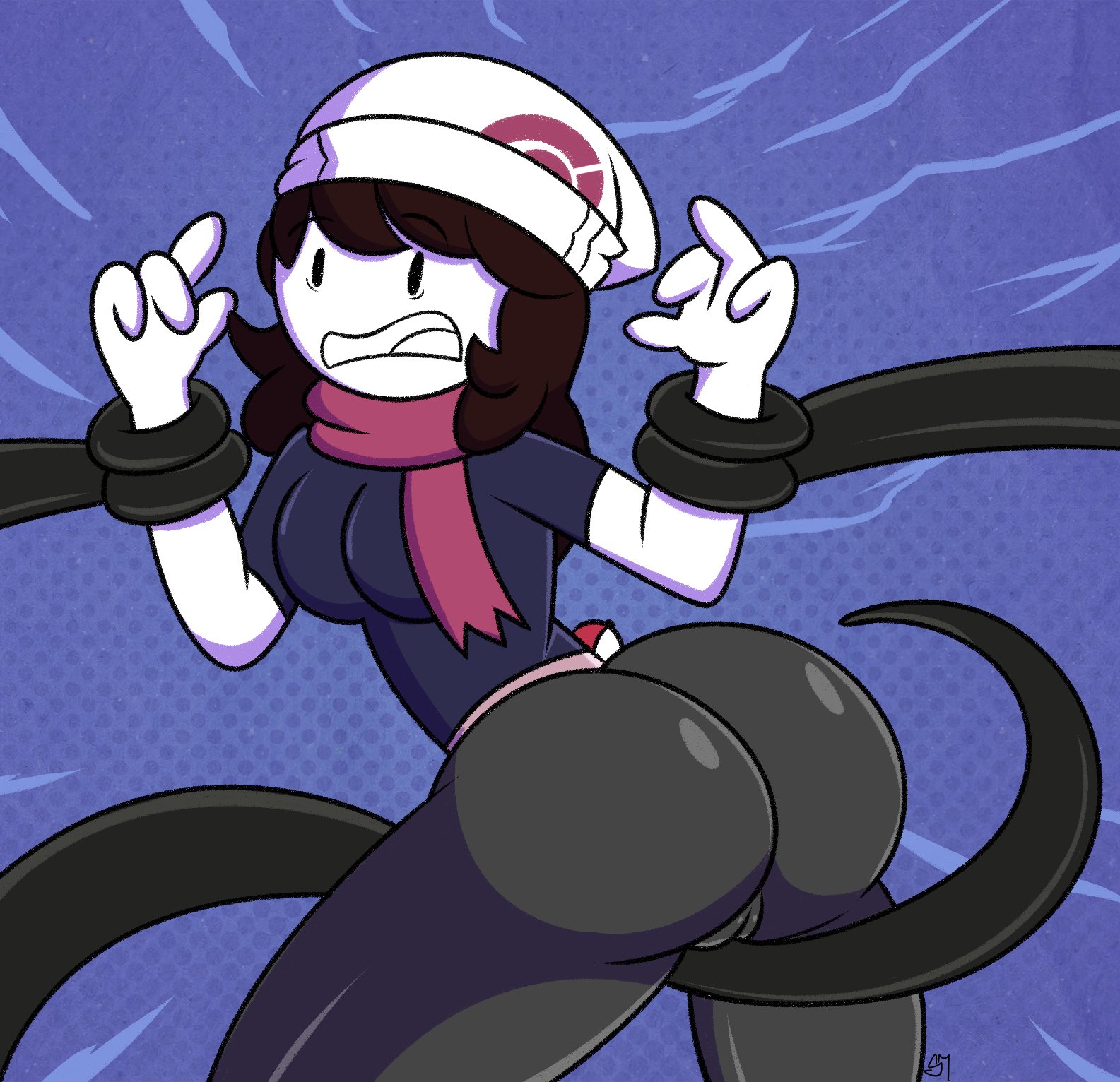 1girls, 4 fingers, ass, ass focus, beanie, big ass, big butt, bigpapapickle, blue background, breasts, bubble ass, bubble butt, camel toe, cameltoe, clothed, clothes, clothing, dawn (pokemon) (cosplay), female, fully clothed, giratina, hat, headwear, jaiden, jaiden animations, jaidenanimations, leggings, legwear, pants, pokeball, pokemon, pokephilia, pussy, round ass, round butt, scarf, semidraws, shiny ass, shiny clothes, simple background, tentacle, tentacles around arms, tentacles around wrists, thighs, tight clothes, tight clothing, tight pants, vagina, white body, white headwear, white skin, worried, worried expression, youtube, youtuber