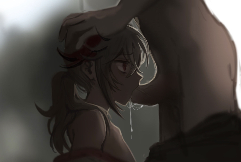 cum in mouth, fellatio, genshin impact, half-dressed, head, kaedehara kazuha, male, male only, pants down, penis, red eyes, red hair, white hair, yaoi