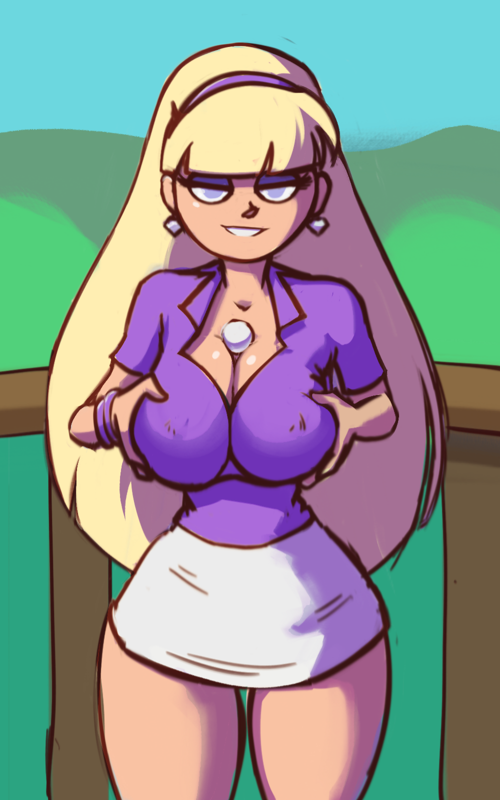 1girls aged_up bangs between_breasts big_breasts blonde_hair cleavage disney disney_channel duarte_nsfw earrings eyeshadow female female_only golf_ball golf_outfit gravity_falls half-closed_eyes long_hair looking_at_viewer pacifica_northwest pressing_breasts_together purple_eyes purple_eyeshadow seductive seductive_smile skirt smile thick_thighs thigh_gap thighs thin_waist tight_clothing