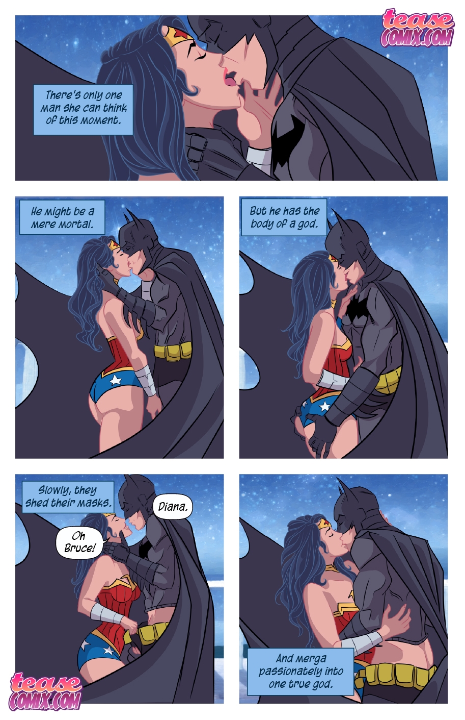 1boy 1girls ass_grab batman batman_(series) black_hair breasts bruce_wayne clothed comic dc dc_comics diana_prince english_text gauntlets hand_on_penis imminent_sex ironwolf justice_league kissing long_hair nipples pale-skinned_female pale-skinned_male pale_skin speech_bubble teasecomix tiara wonder_woman wonder_woman_(series)